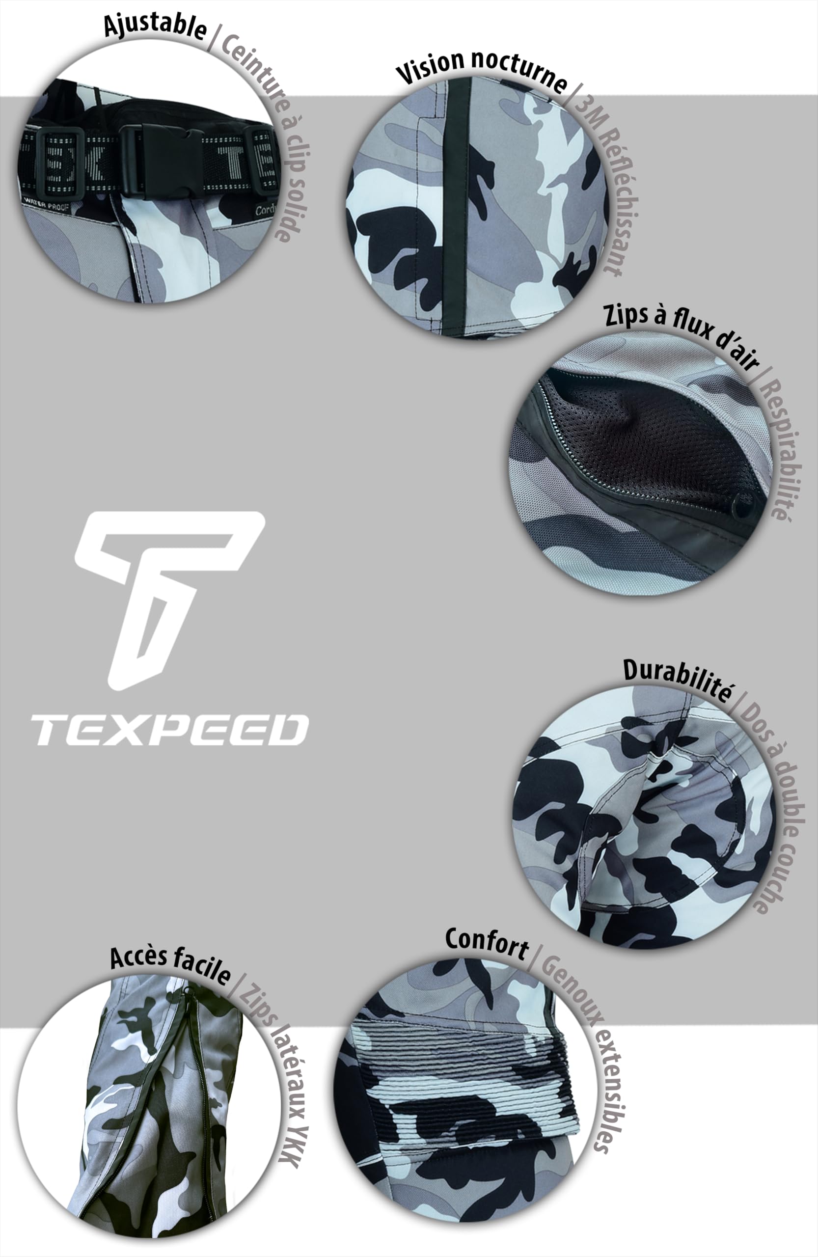 Texpeed Pantalon de moto homme renforcé - Gris Camouflage Imperméable - Avec armure CE blindé protection (EN 1621-1) - L Taille/Jambe Longue