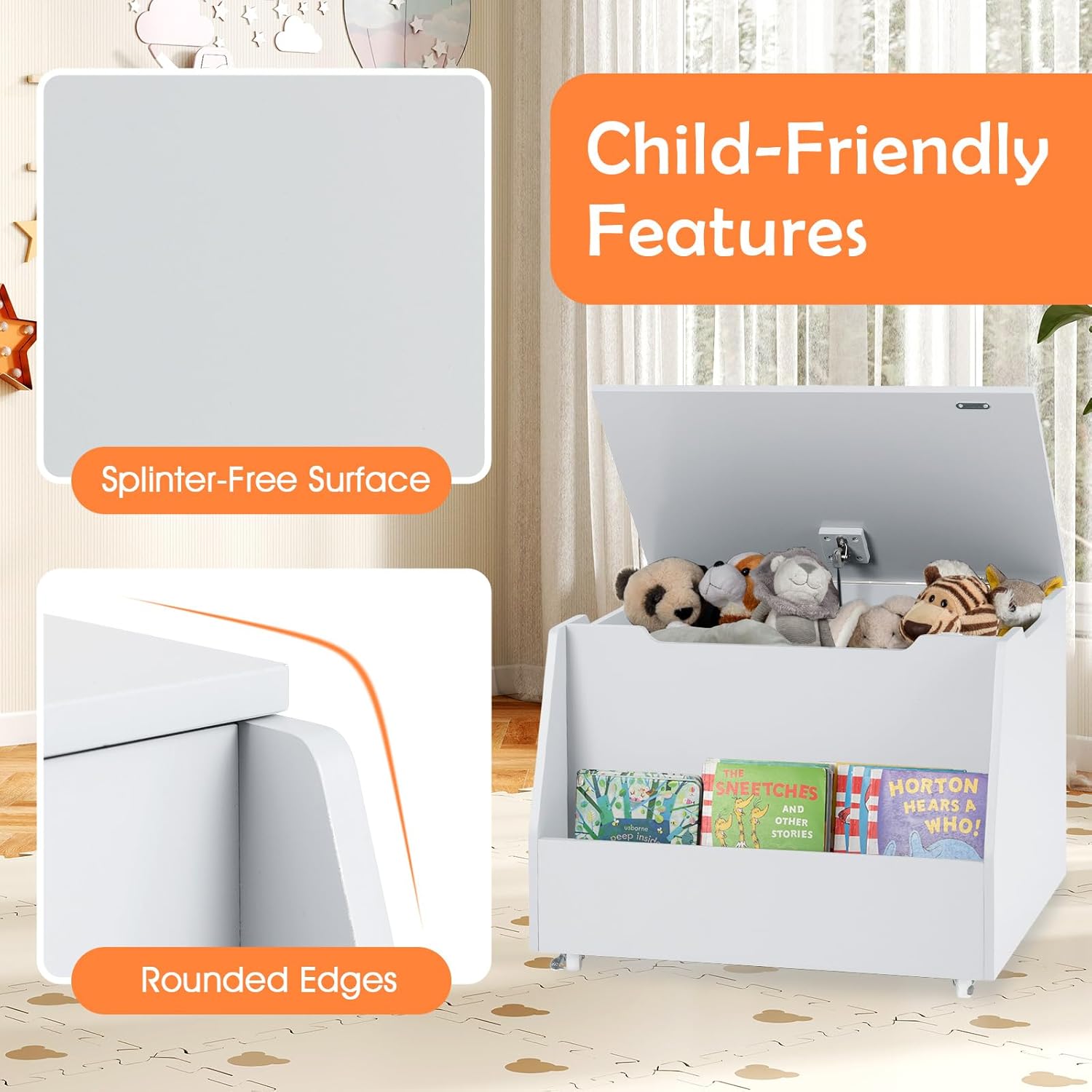 HONEY JOY Kids Wooden Toy Box, 3-in-1 Large Toy Trunk Chest w/4 Wheels, Bookshelf, Flip-Top Lid, Gas Strut & Cut-out Handle, Toddler Storage Bench for Playroom Bedroom, Gift for Kids Age 3+ (White)