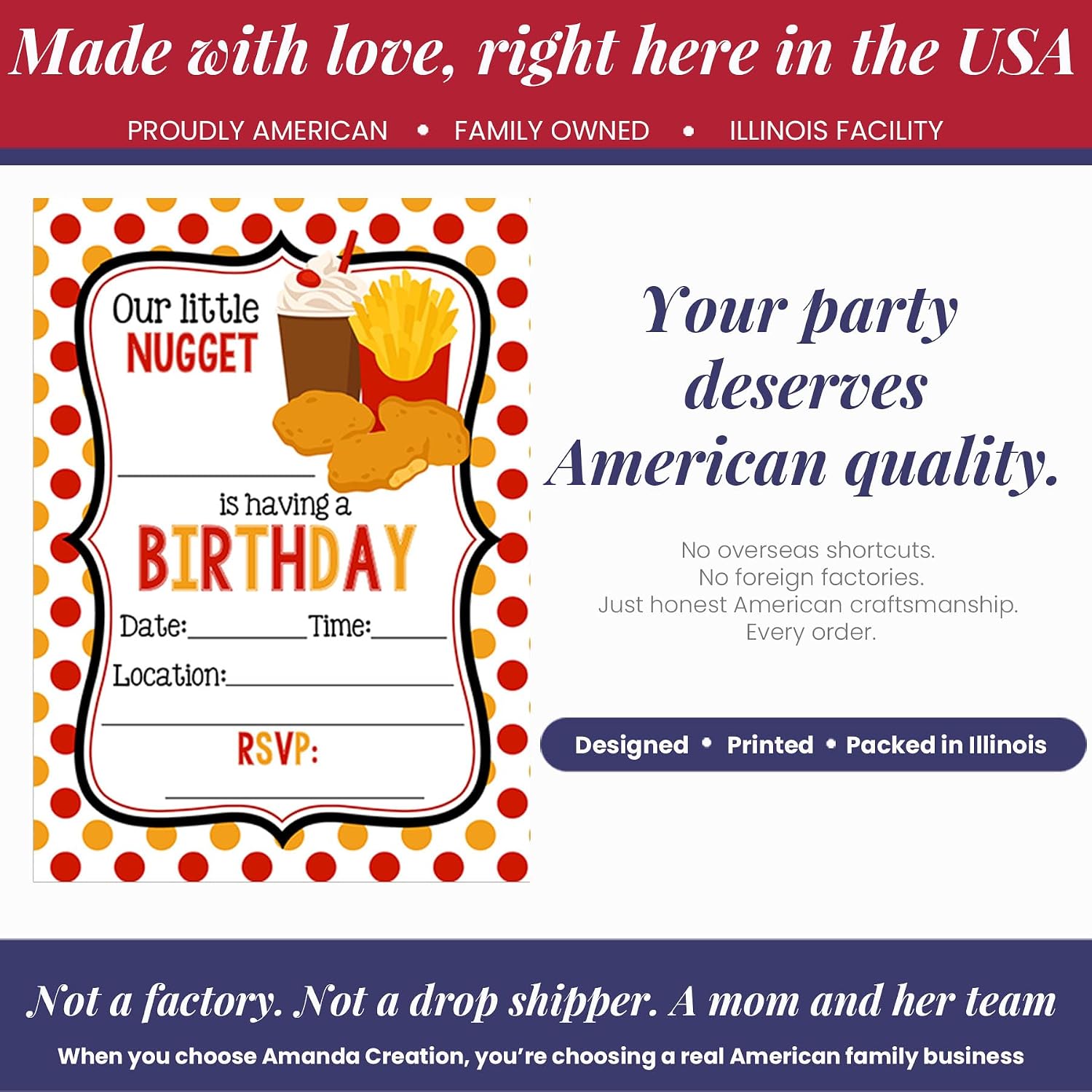 Amanda Creation Our Little Nugget Birthday Party Invitations - 20 Fill-In Cards Chicken Nugget Themed Birthday Invites with Twenty White Envelopes for Kids - 5x7 Double Sided Cards