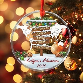 DILYPOD Custom Travel Adventure Glass Ornament, Personalized Traveling Destination Christmas Tree Hanging Decor, Travel Location Gift for Family Members, Traveling Ornaments Xmas Tree Decoration 05