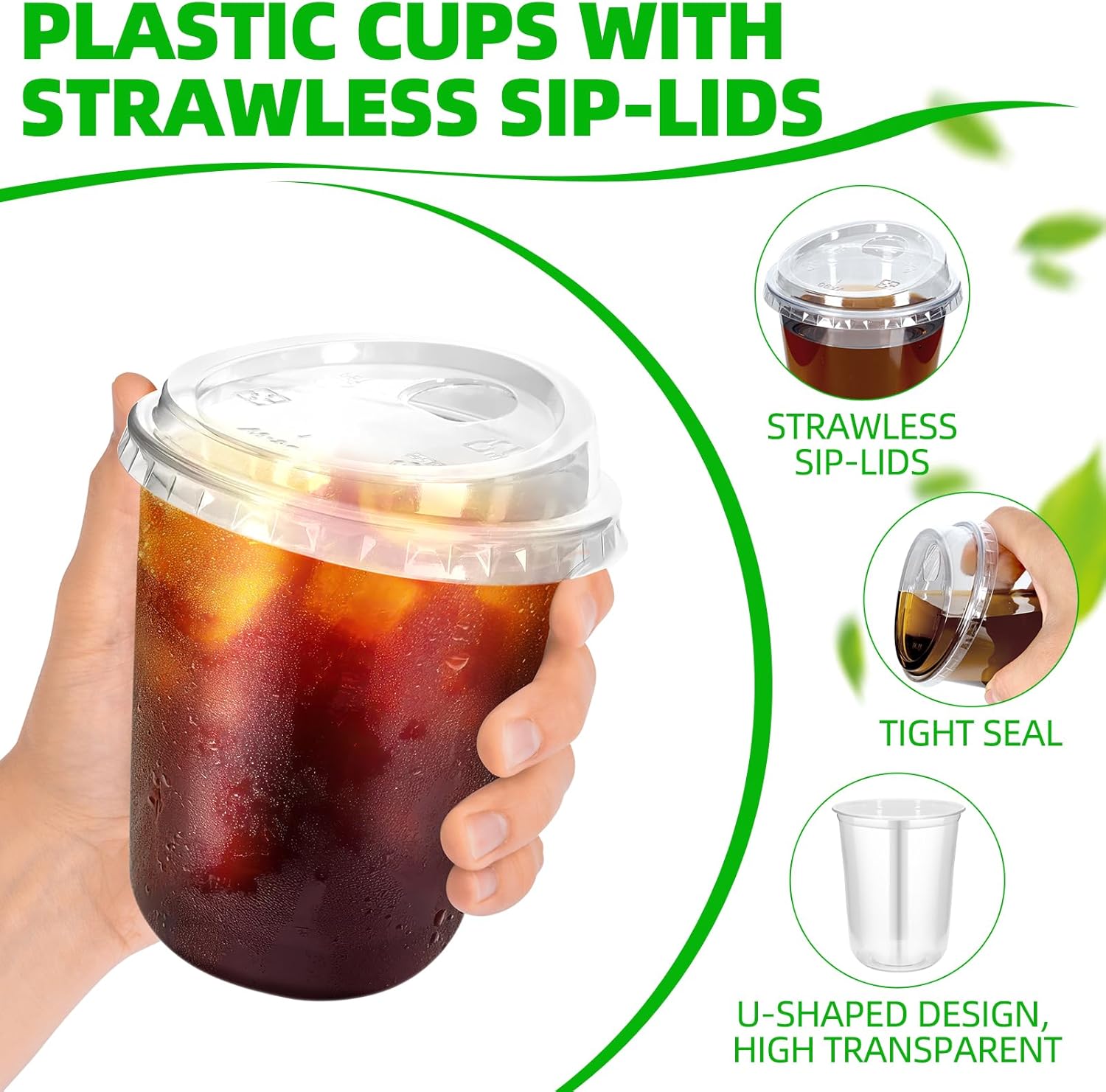 50 Pcs Plastic Coffee Cups with Sip Lids, Disposable Plastic PET Crystal Cups with Strawless Lid for Iced Coffee, Smoothie, Cold Beverage, Party Catering Supplies, Drink Shop (Clear, 14 oz)