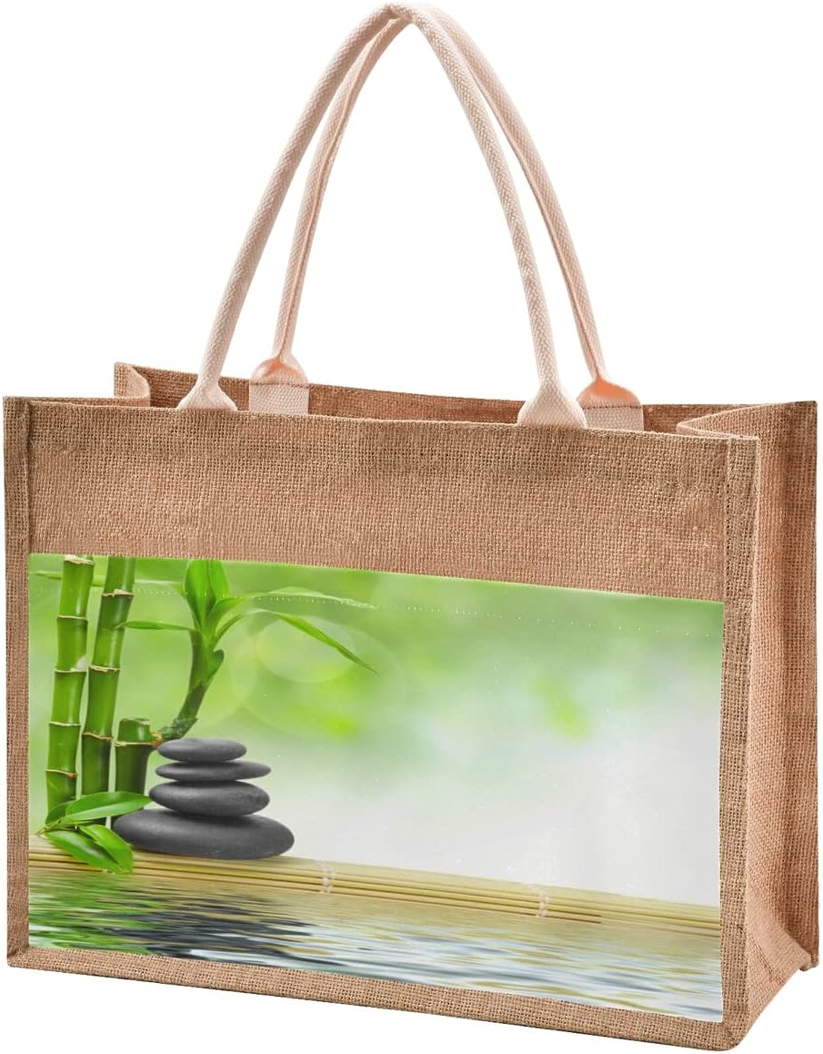 Natural Burlap Jute Tote Bags Zen Stone with Bamboo Leaves with Cotton Handles Reusable Zipper Large Shopping Gift Lunch Bags