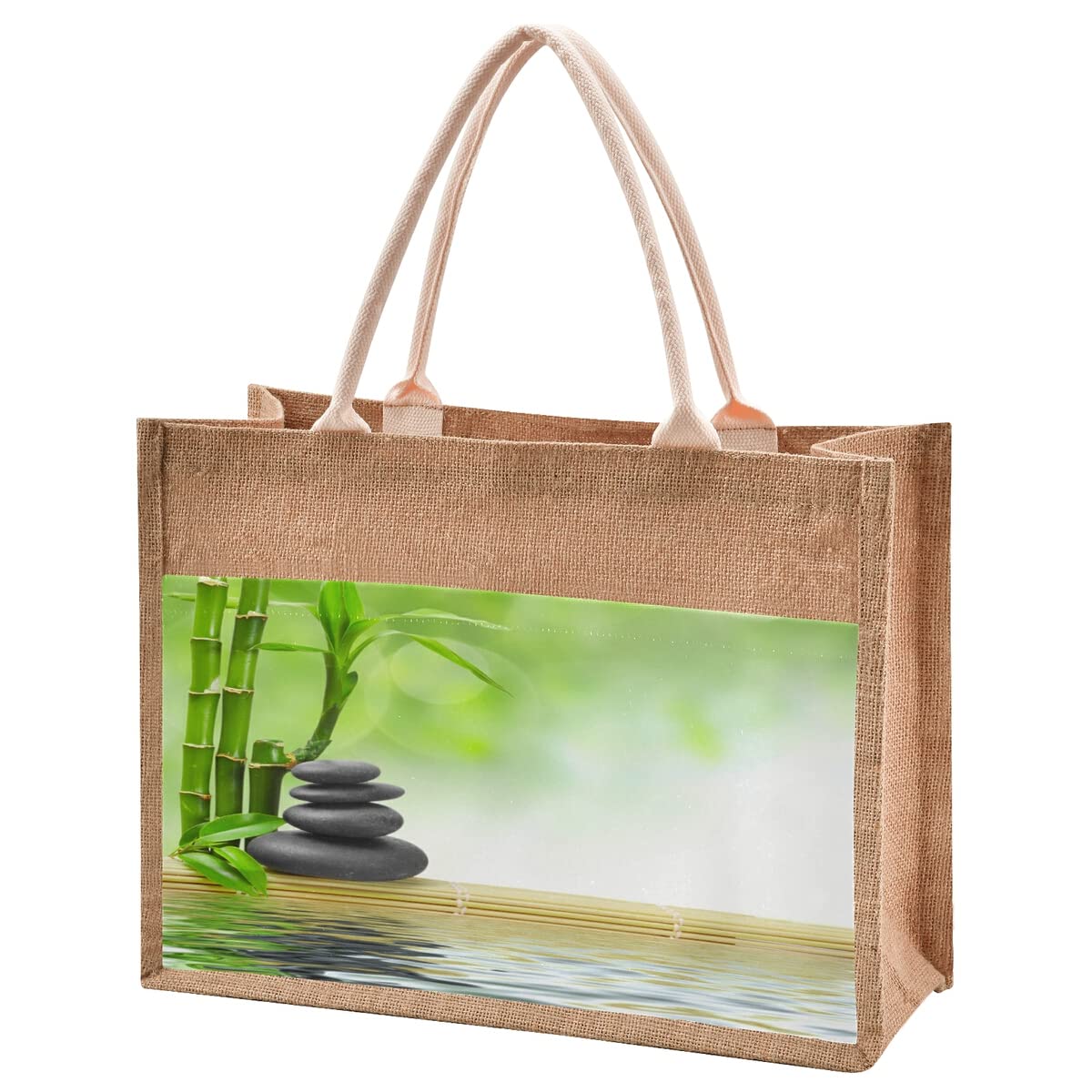 Natural Burlap Jute Tote Bags Zen Stone with Bamboo Leaves with Cotton Handles Reusable Zipper Large Shopping Gift Lunch Bags