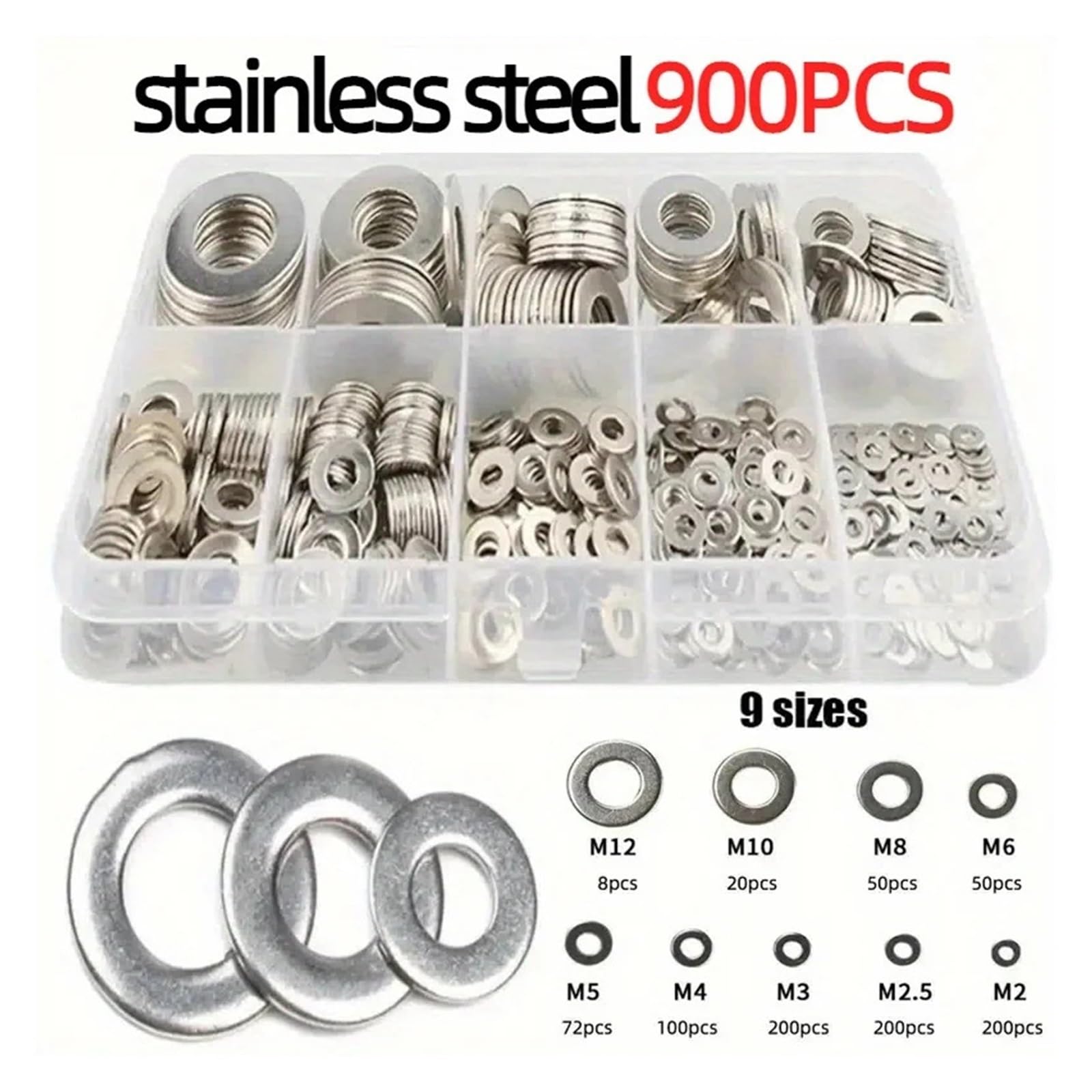 Kit di assortimento di rondelle piane in acciaio inossidabile da 900 pezzi M2-M12 for progetti di macchinari fai-da-te Accessori hardware di fissaggio a vite