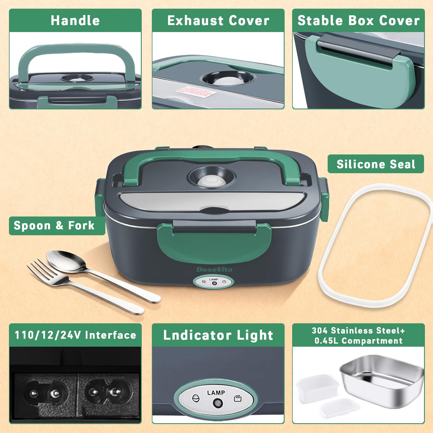 Elektrische Lunchbox, 80W Beheizte Lunchbox 1.5L, 12V/24V/230V Tragbarer Speisenwärmer für Erwachsene, Auslaufsicherer Edelstahl Lunch-Heizung mit Isoliertasche & Besteck für Auto, LKW, Büro