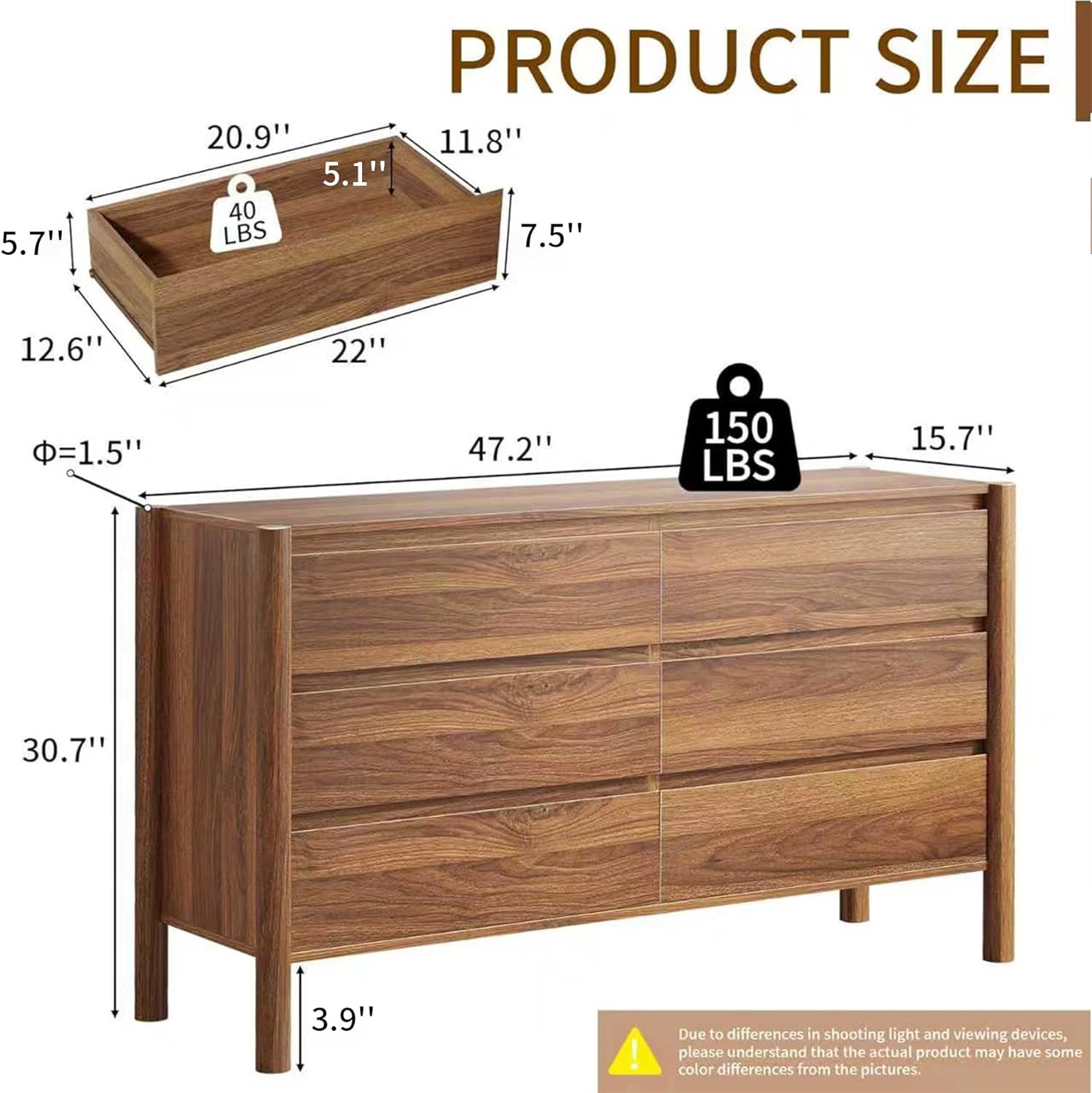 CHUWELL 6 Drawer Walnut Dresser for Bedroom, 47" Wide Mid Century Chest of Drawers with 6 Large Storage Space and 4 Solid Wood Cylindrical Legs, Large Dresser for Bedroom(Walnut)