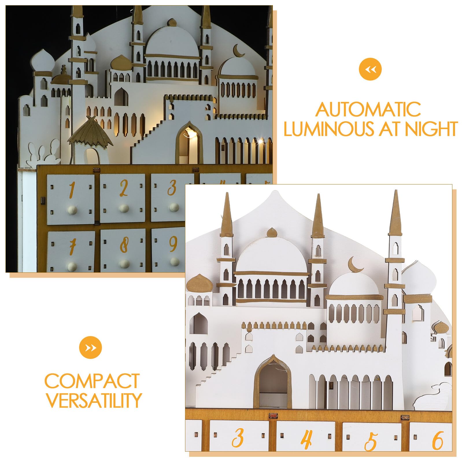 POPETPOP Calendario de Adviento de Madera con Luz LED para Eid de Regresiva Organizador de Escritorio para Decoración de Fiesta Musulmana