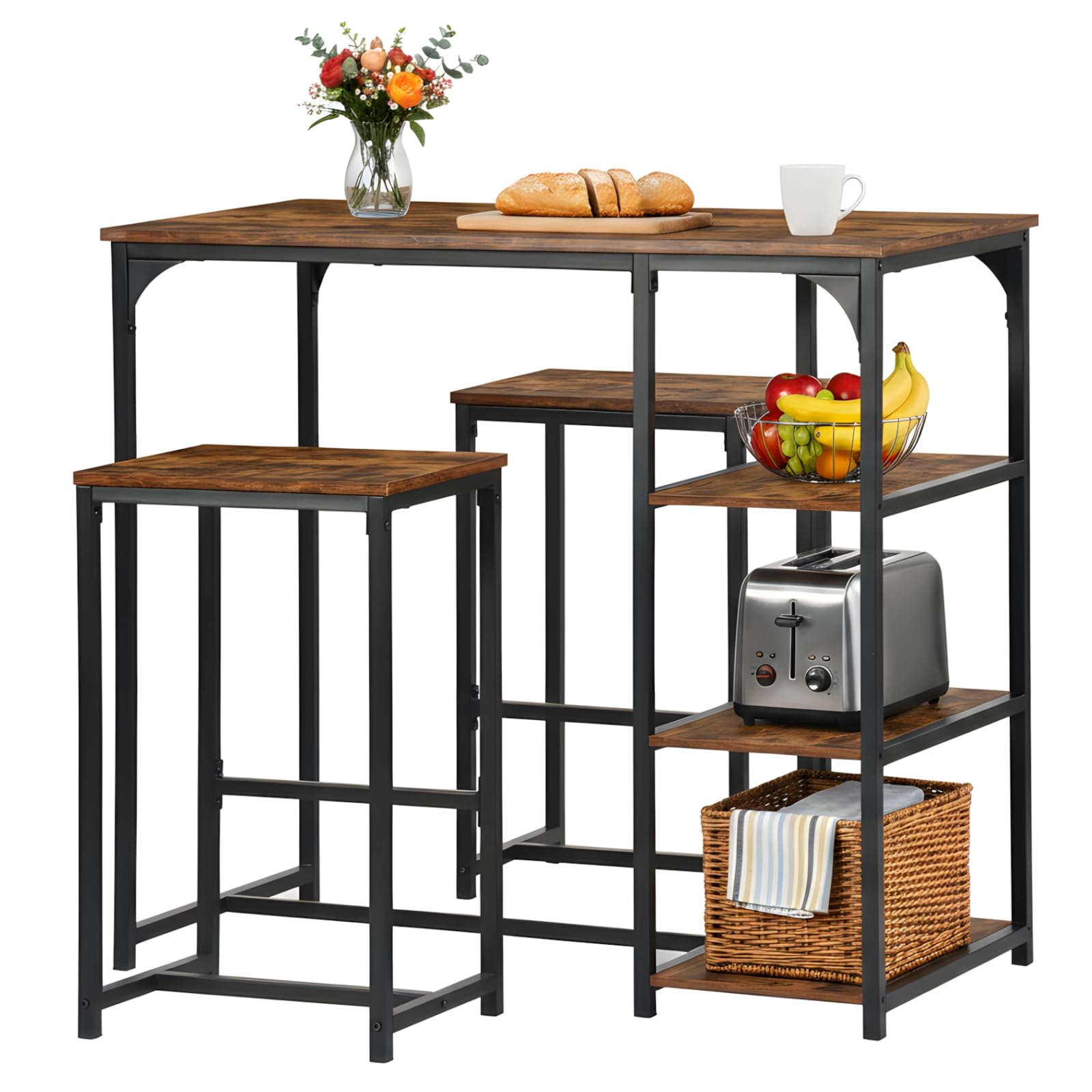 Ensemble Table de Bar avec 2 Tabourets, Table Haute Mange Debout avec 3 Étagères, Style Industriel, pour Petit Espace Cuisine, Salle à Manger, Salon, Bar, Bistrot, Balcon, Marron et Noir