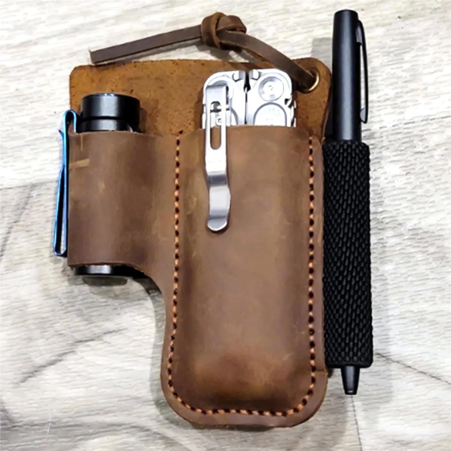 Secure 4 PCS Handmade Leather Sheath Folding Knife Flashlight Holder EDC Tool Brown