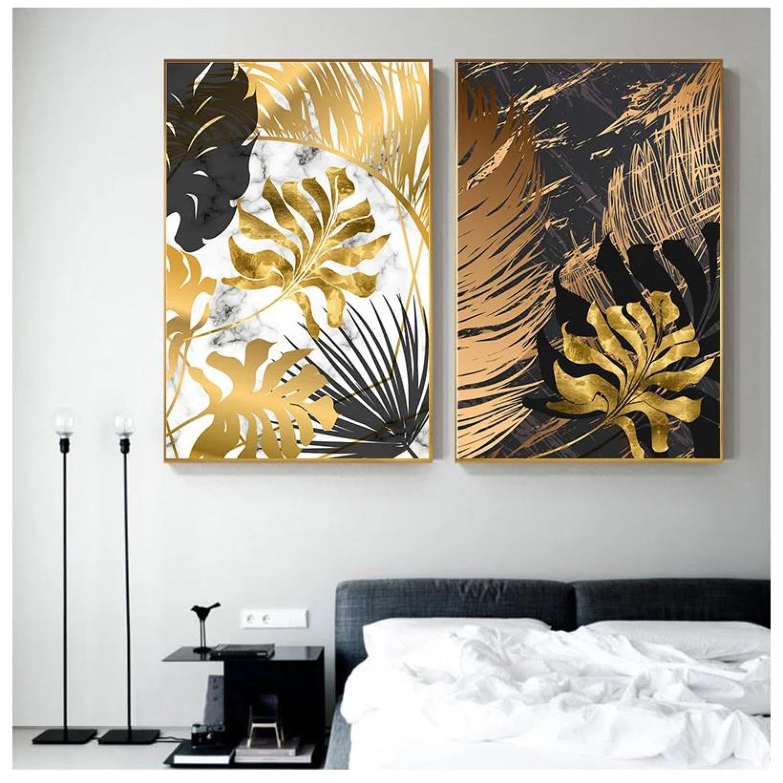 Baibexing Abstract Gold Tropical Leaf Corridor Canvas Paintings Wall Art Posters And Prints Pictures For Living Room Home Decor 50X70Cmx2Pcs Unframed