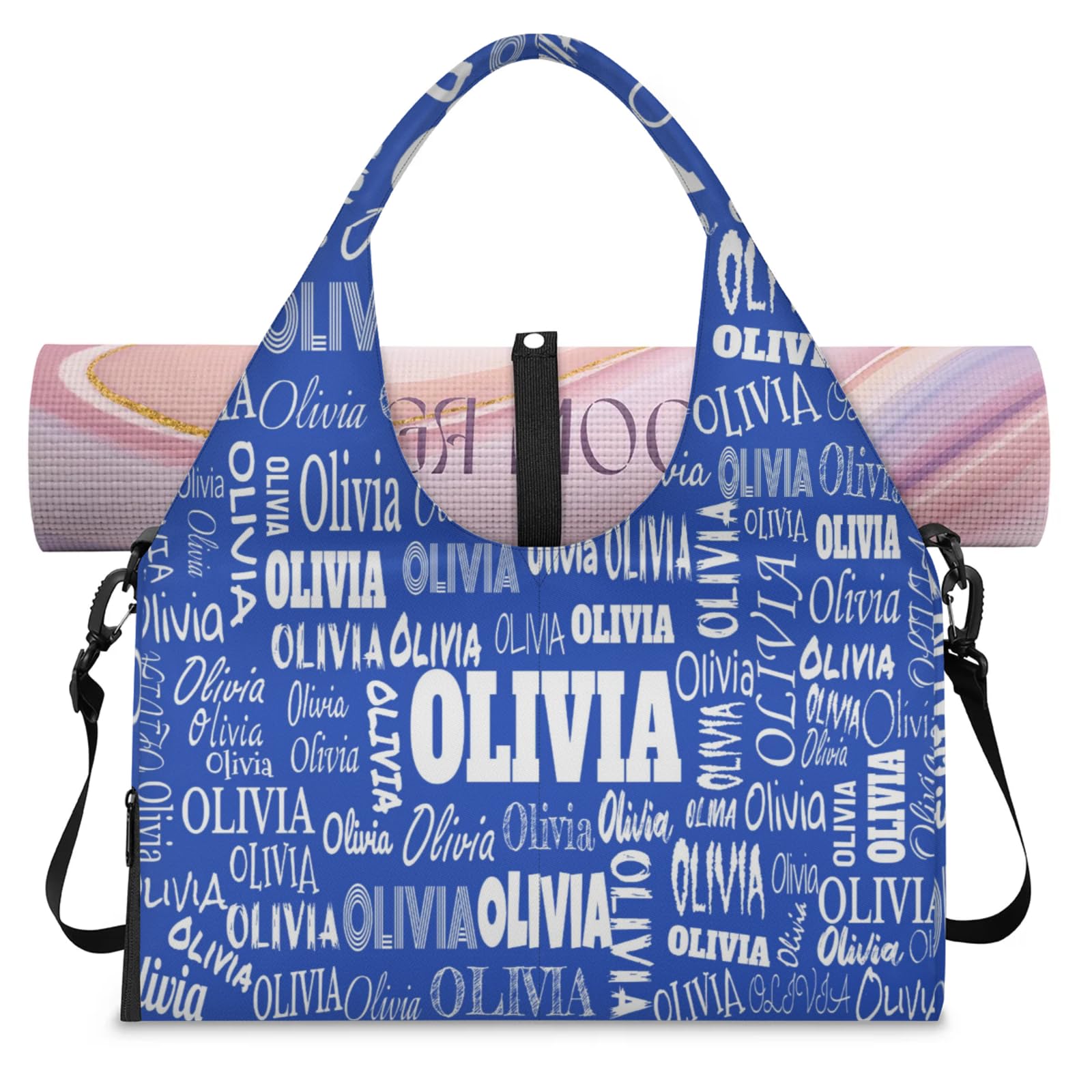 KFNHN Personalized Canvas Tote Bag with Yoga Mat Carrier Strap for Workout, Pilates, Travel, Beach and Gym, Navy Blue Background