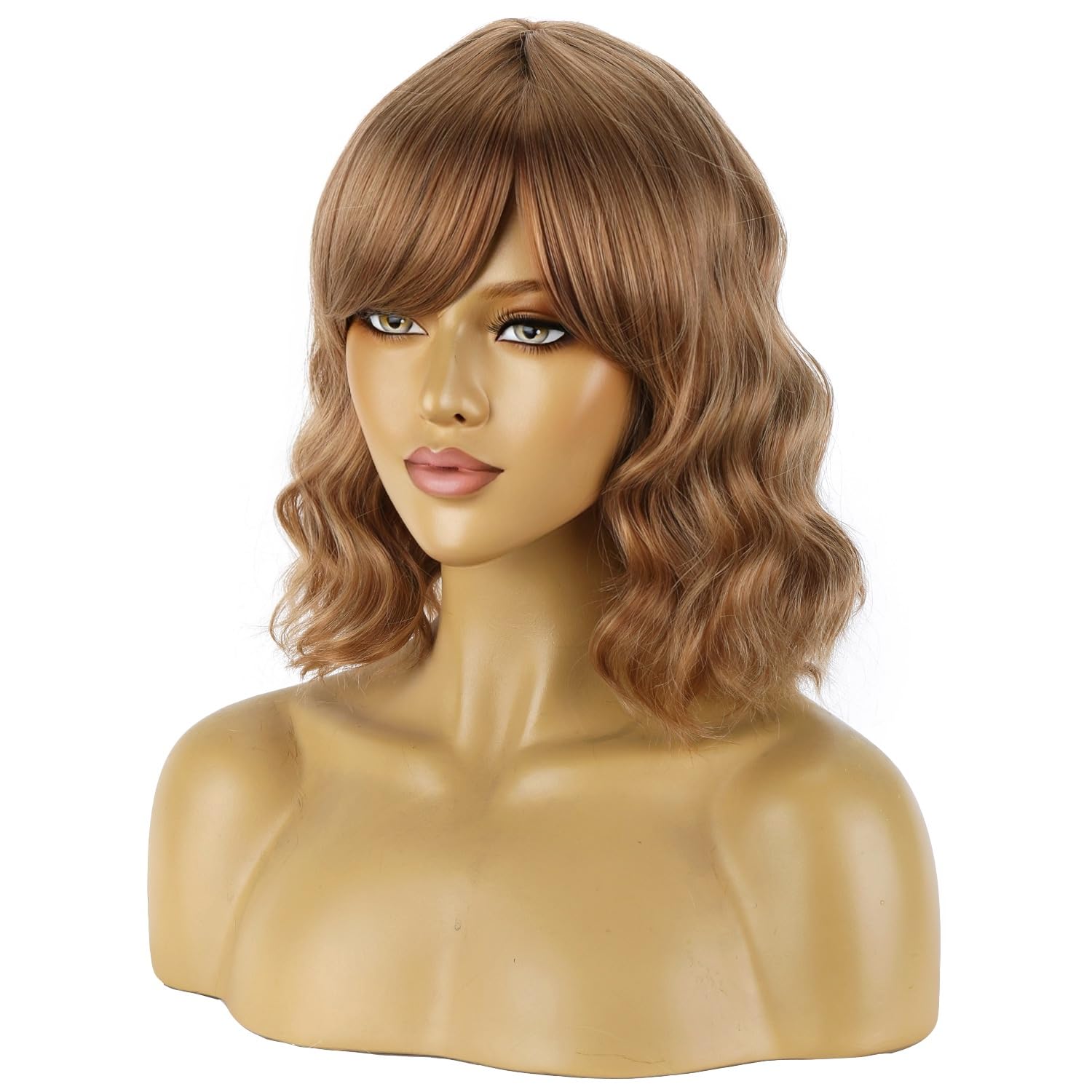 BERON Strawberry Blonde Short Wigs for Women Girls Curly Wavy Shoulder Length Hair Wig with Side Bangs Dark Blonde Fun Synthetic Heat Resistant Wig