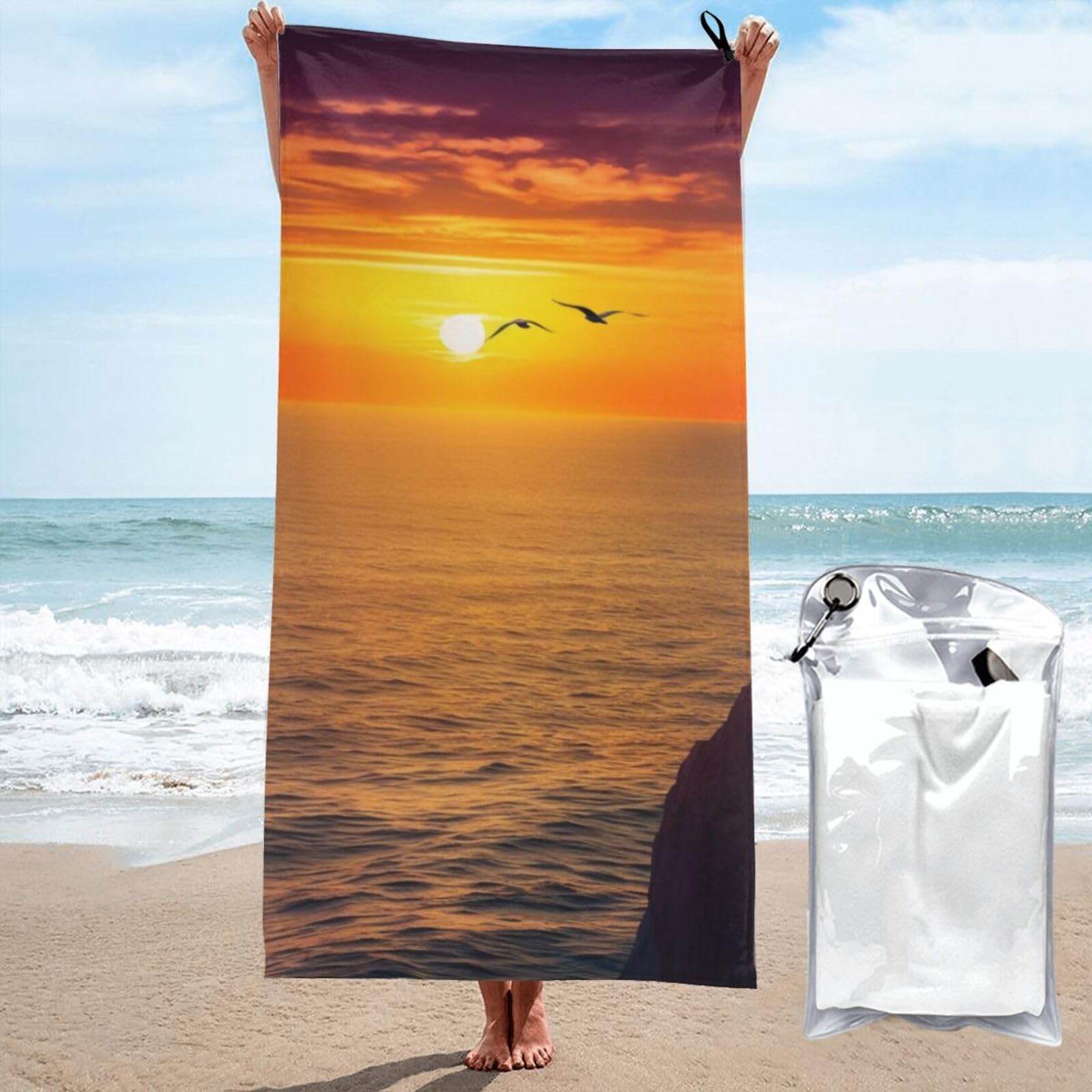 BWWHCCTI Beautiful Sunset Sea Printed Microfiber Quick Dry Beach Towel 80x160 CM, Fast Drying Bath Towels with Bags for Travel,Camping,Gym,Beach,Swimming,Yoga