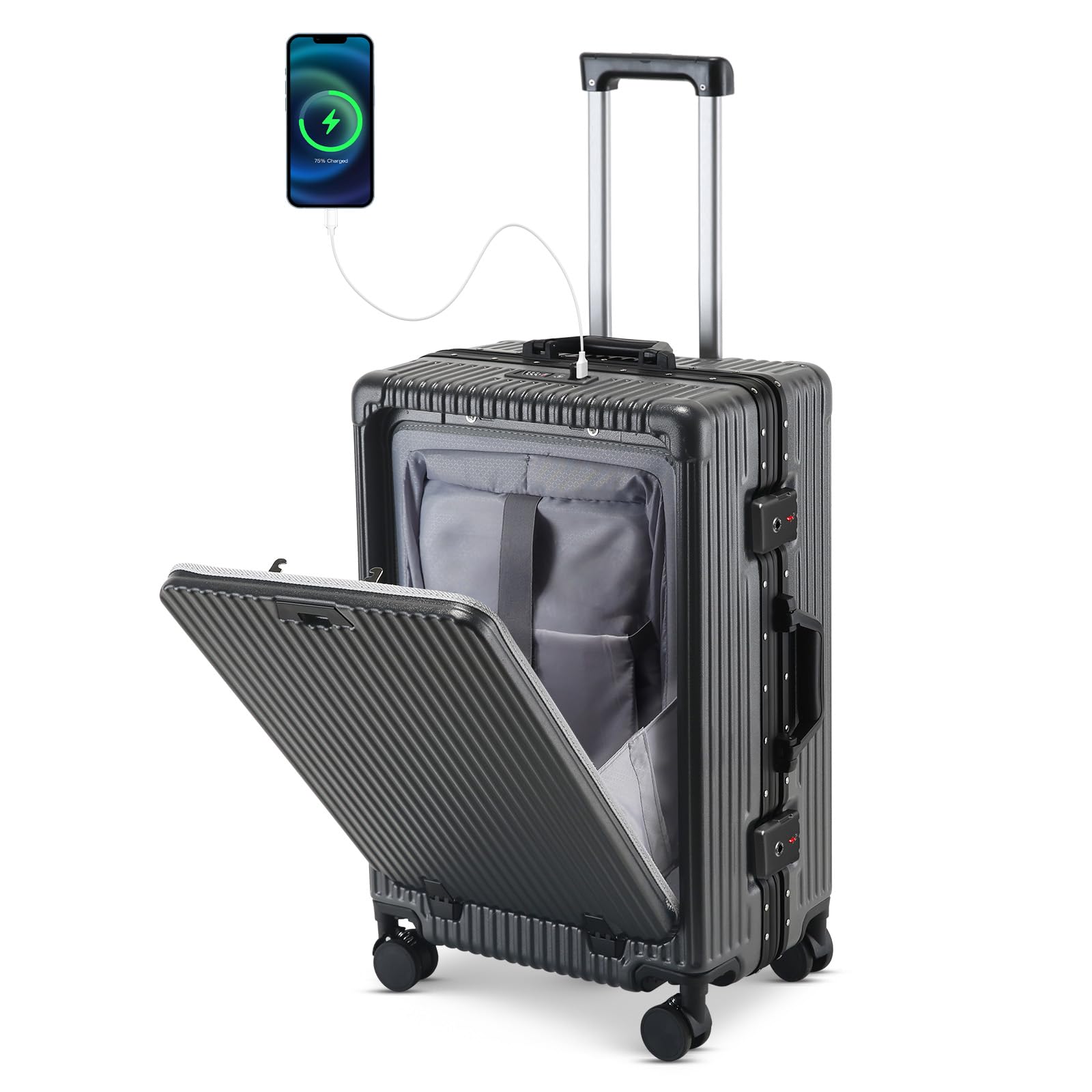 20 Inch Aluminum Frame Carry On Luggage with Front Pocket, USB Port, Phone Holder & Cup Holder, Hard Shell Spinner Suitcase for Airplane Travel, Grey