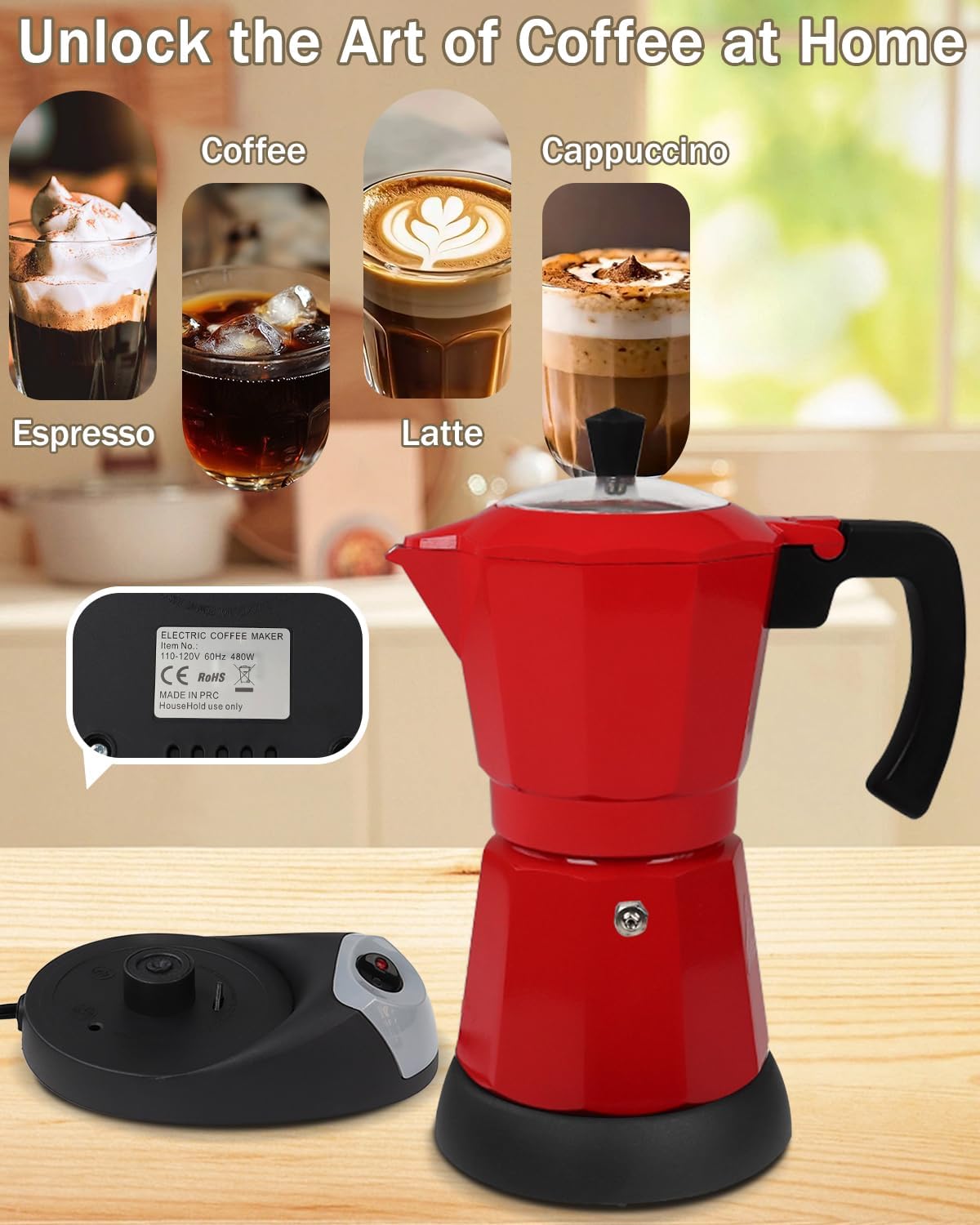 Electric Moka Pot with Detachable Base Aluminum Espresso Maker 10oz 6 Cup 300ml Red Italian Coffee Maker for Kitchen Home 110V