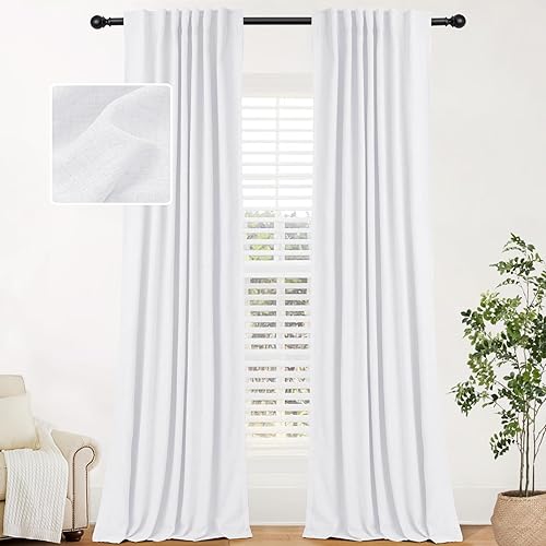 INOVADAY Cortinas opacas 100% blancas de 84 pulgadas de largo, juego de 2 paneles de cortinas opacas de lino con pestaña trasera y bolsillo para
