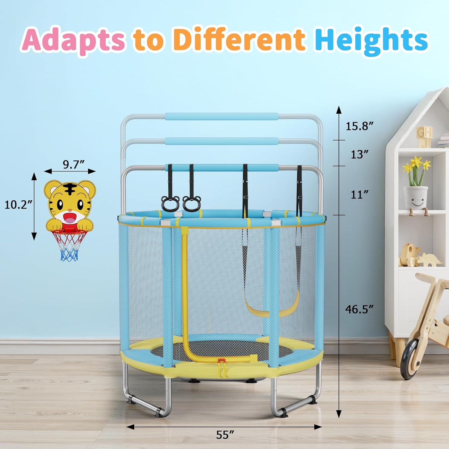 HomeCare 55" Trampoline for Kids, 440lbs Capacity ASTM-Approved Mini Toddler Trampoline with Safety Enclosure Net,4 in 1 Adjustable Gymnastics Bar & Toys, Indoor & Outdoor, Gifts for Boys & Girls Age