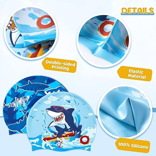 Miniatura 6 de Paquete de 2 gorros de natación impermeables de silicona para niños y niñas (3-8 años), diseño de sirena de unicornio, gorro de natación para niños