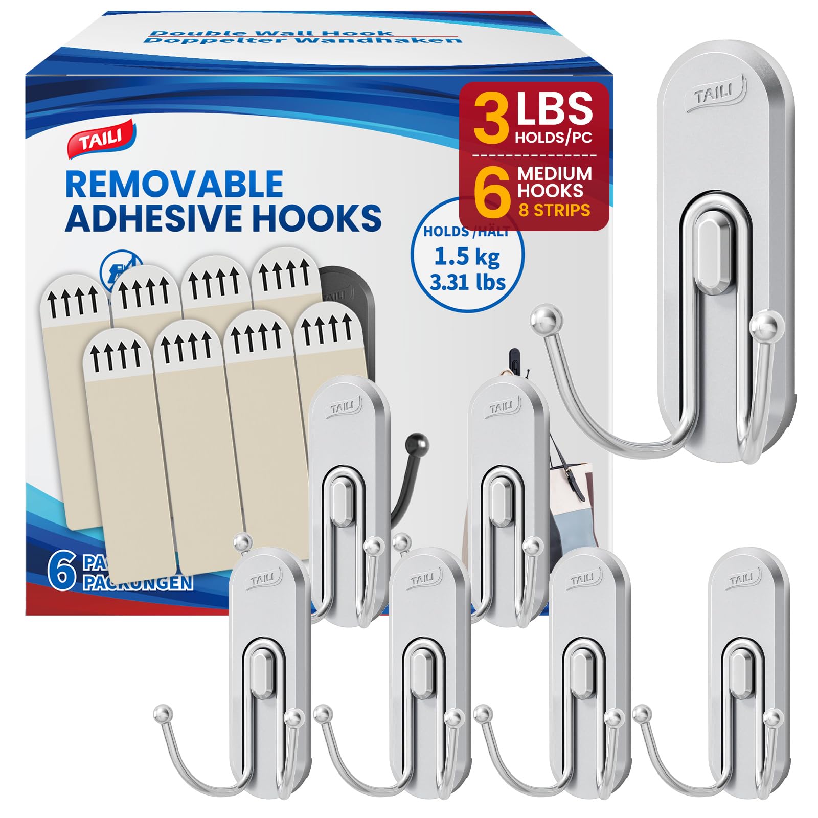 TAILI Adhesive Double Hooks for Hanging, 6 Coat Hooks &amp; 8 Strips, Silver