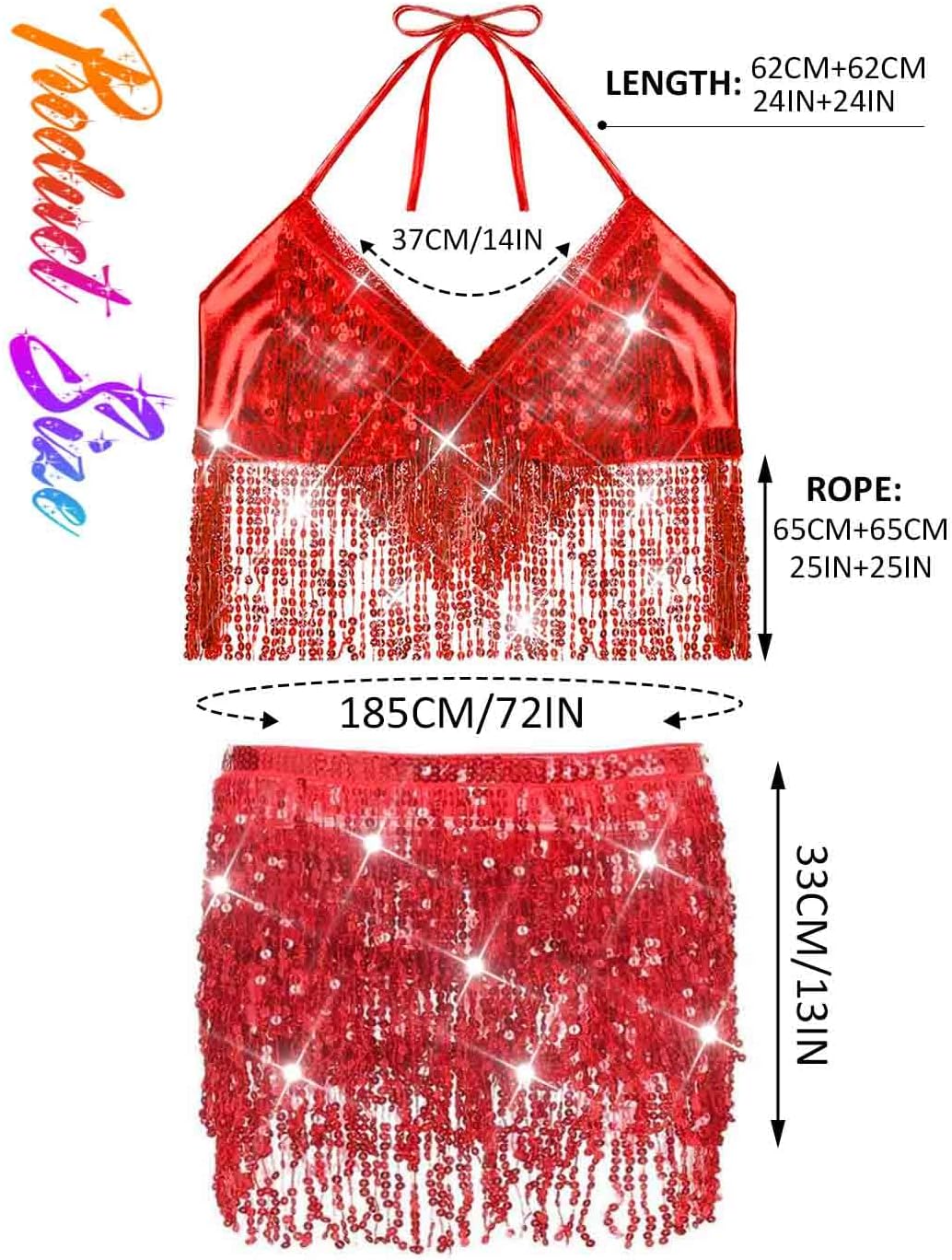 BODIY Sequin Fringe Skirt Top Sparkly Belly Dance Outfits for Women