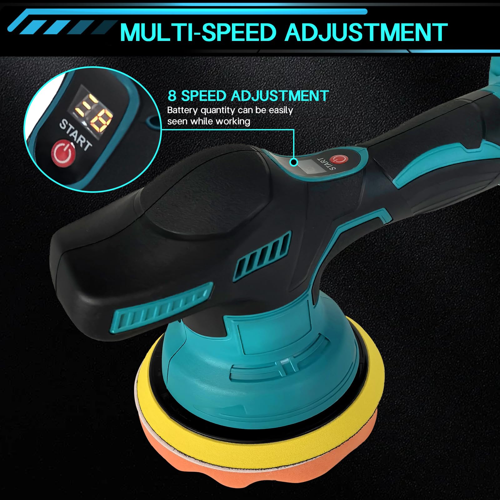 Pulidora Coche, Pulidora Inalambrica compatible con Makita 18 V, 8 Velocidad Variable, Pulidora Orbital para Detallar, Pulir, Encerar y Eliminar Arañazos del Coche(sin batería ni cargador)