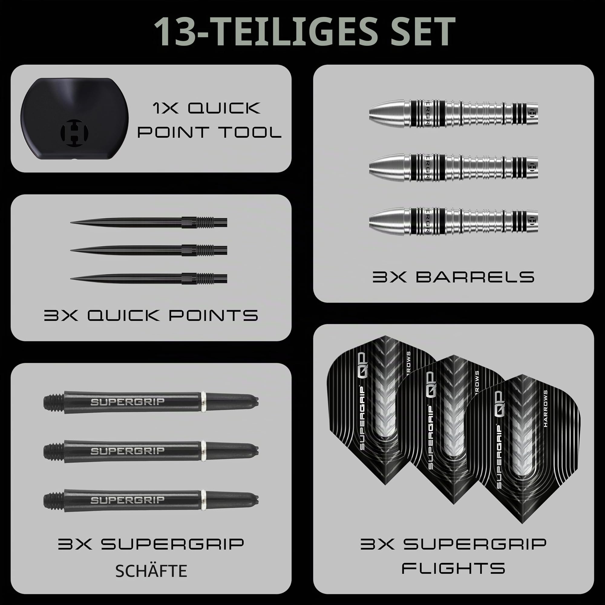 Harrows SuperGrip QP Bomb 90% Tungsten Darts | Steeltip Darts Set mit Quick Point Wechselsystem | Erhältlich in 23g und 25g | Inkl. Supergrip Shafts & 100-Mikron Flights