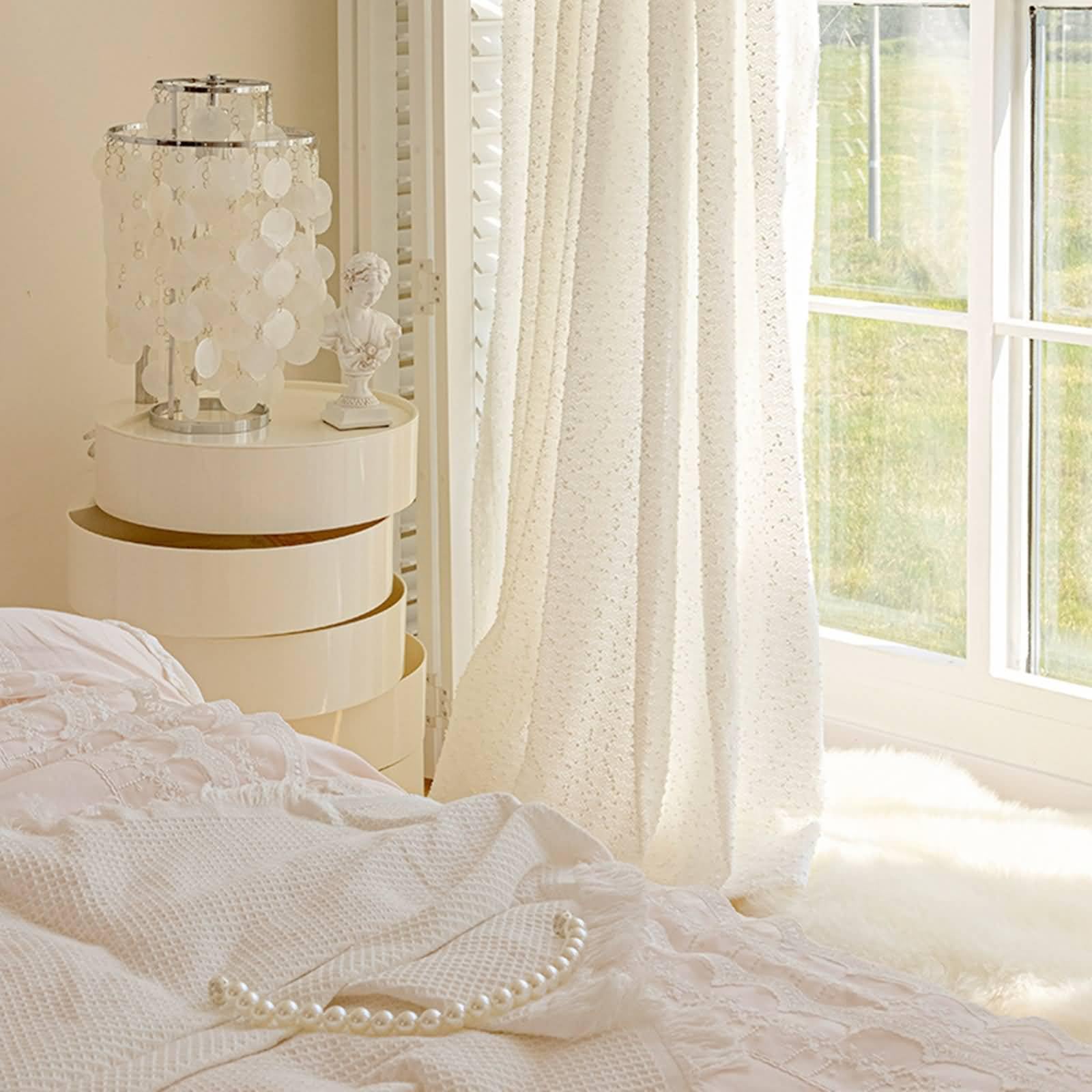 Rideau Transparent Occultant, 102x138cm Couleur Unie avec Pompon Rideau Transparent pour filtrage de la lumière du Salon en Fil, Blanc