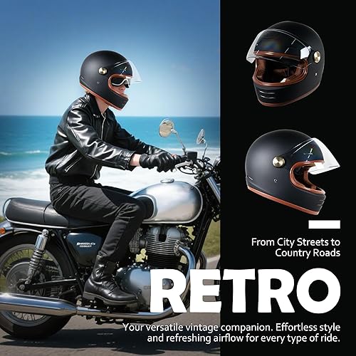 Miniatura 4 de DOT - Casco de motocicleta retro vintage de cara completa, diseño clásico para hombres y mujeres, ligero, resistente al viento, ventilación Cafe