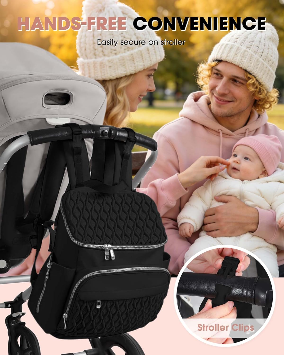 Baby Diaper Bag Backpack, Expandable Baby Bag for Girl Boy, Travel Diaper Backpack with Insulated Pocket, Changing Pad, Quilted Diaper Bag for Mom Dad, Newborn Baby Essentials Must Have Black - Image 5