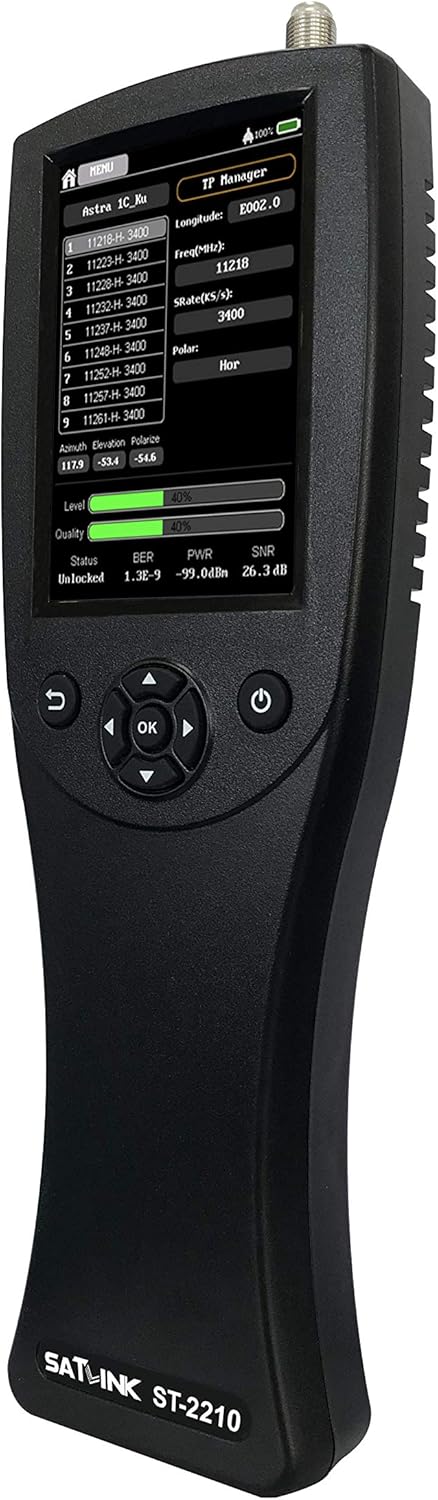 SATLINK ST-2210 screen showing signal parameters like Level, Quality, BER, PWR, SNR