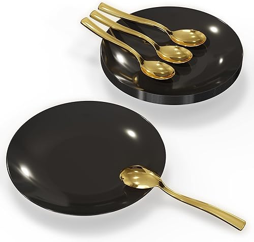 Miniatura 7 de Trendables Platos de postre desechables negros de 120 quilates con cucharas de plástico doradas (sirve para 60 personas) Platos de plástico negros