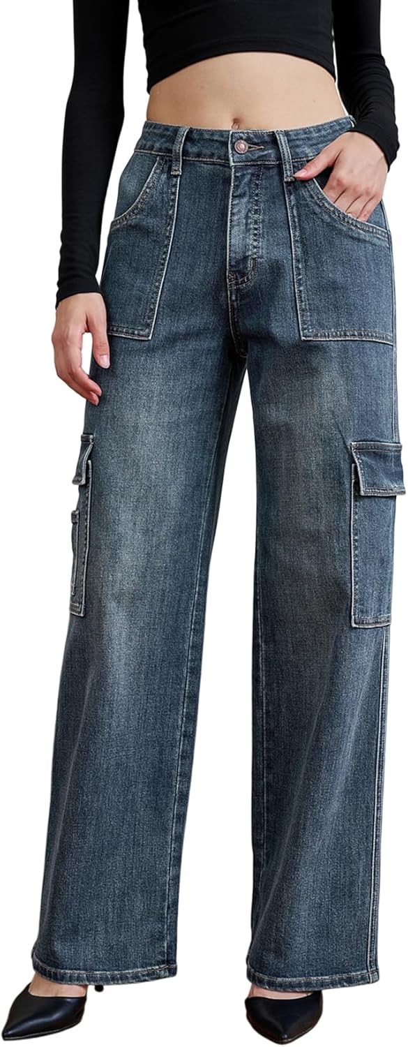 Menbnual Women's Cargo-Inspired Patch Pockets Jeans Long High Waisted 6 Pockets Straight Wide Leg Washed Denim