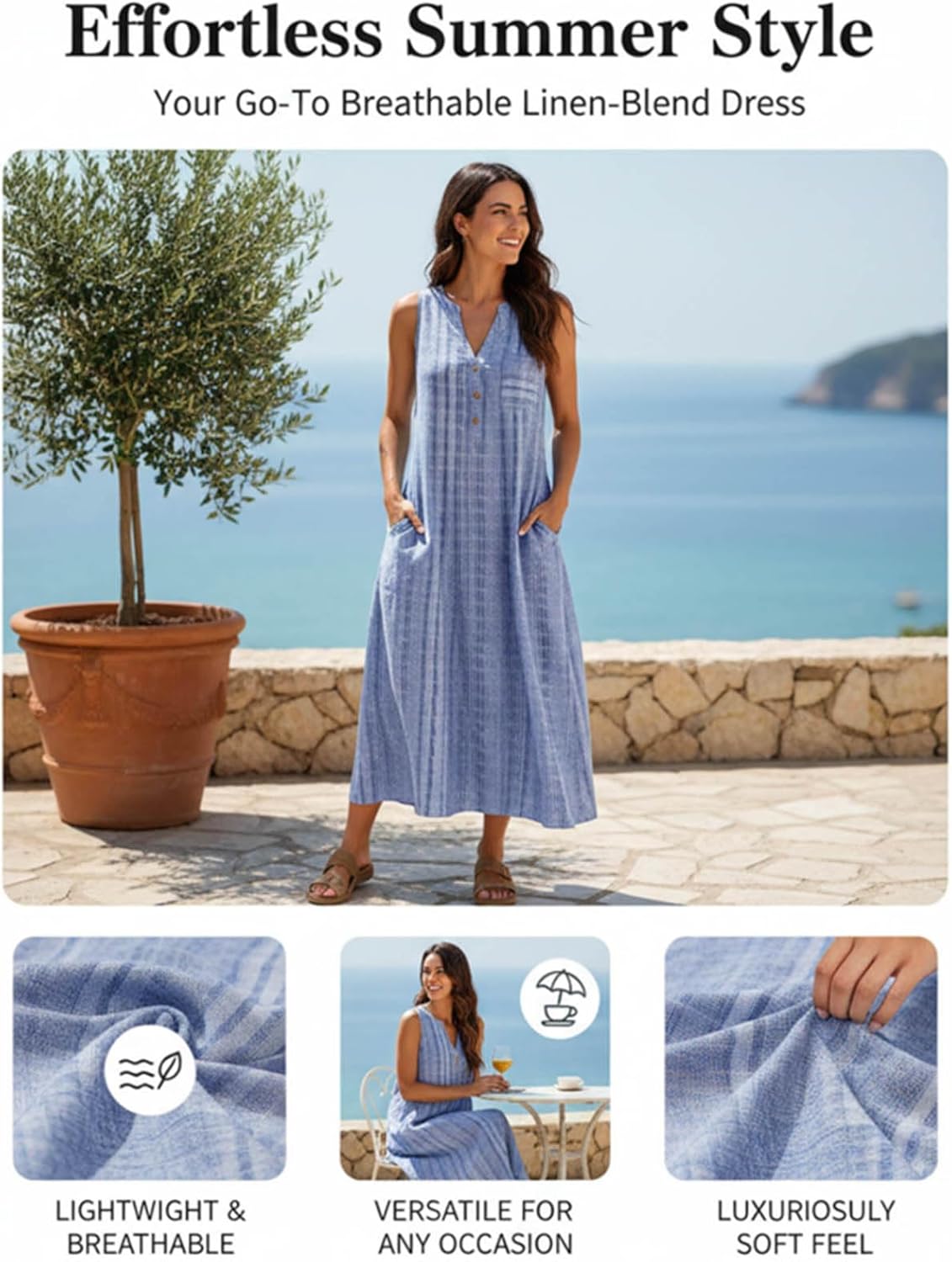 Zivopah Women Casual Dress Summer Stripe Button V Neck Sleeveless with Pocket Long Dresses Holiday Beach Party Midi Dress - Image 5