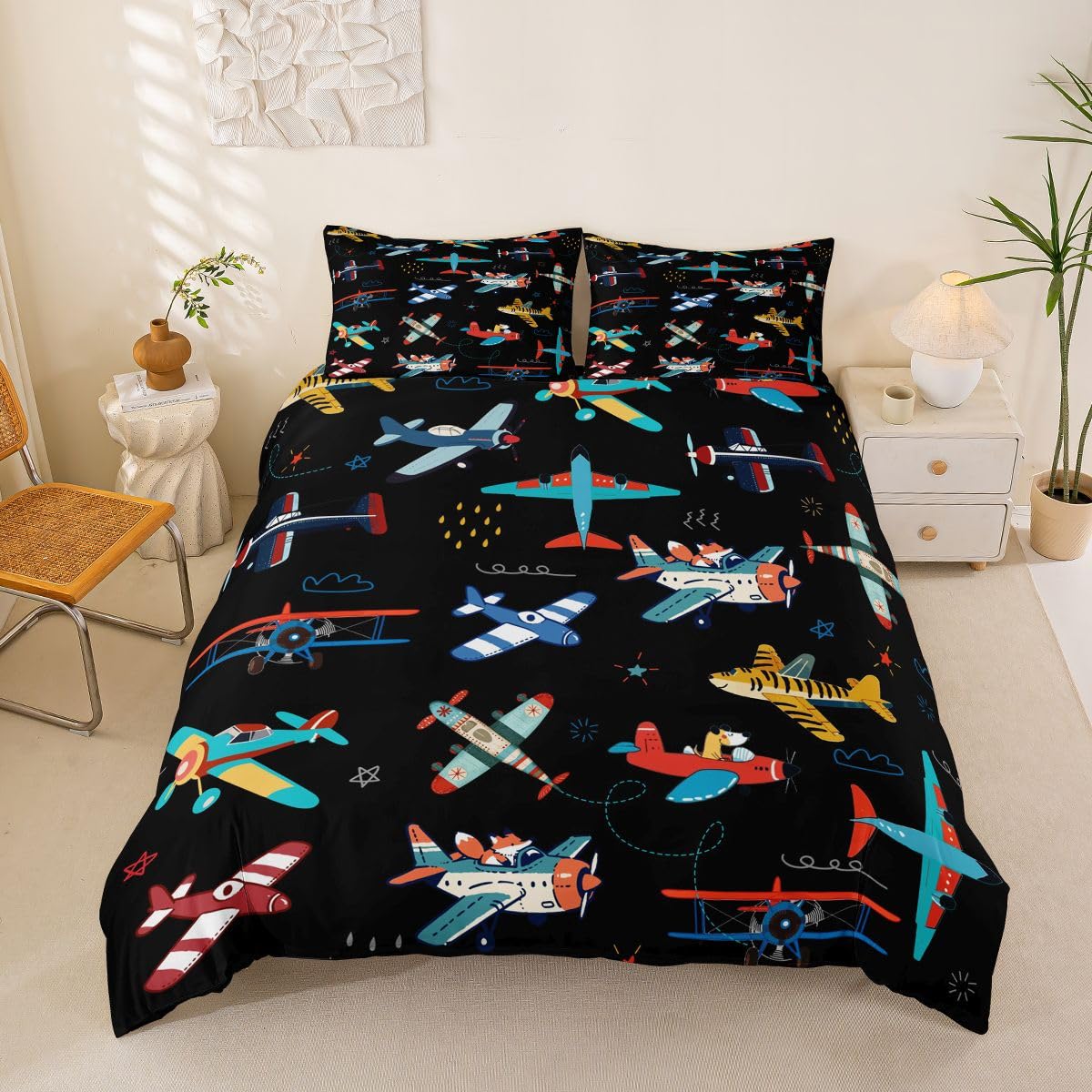 Parure de lit avion 200x200 cm avec housse de couette en microfibre et 2 taies