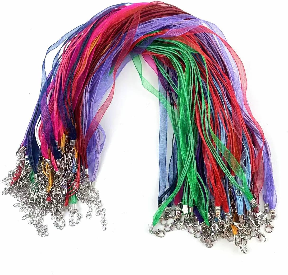 50PCS Mixed Color Organza Ribbon Waxed Necklaces Cord, 19.7" Necklace Cords with Clasps for DIY Jewelry Making, Pendants and Craft Projects