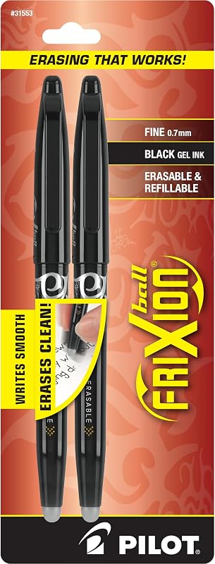 Pilot, FriXion Ball Erasable & Refillable Gel Ink Pens, Fine Point 0.7 mm, Pack of 2, Black