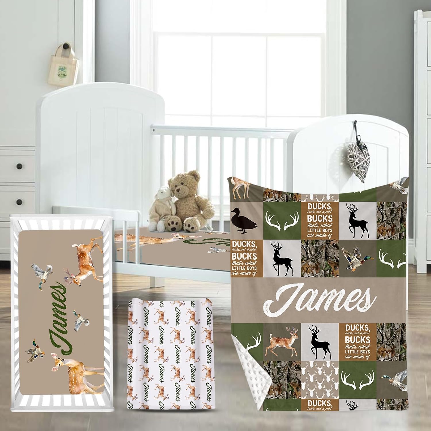 Custom Name Crib Bedding Set for Infant Baby, Personalized Nursery Decor Deer Baby Blanket Fitted Crib Sheet Changing Pad Cover 3 Pcs - A Great Gift
