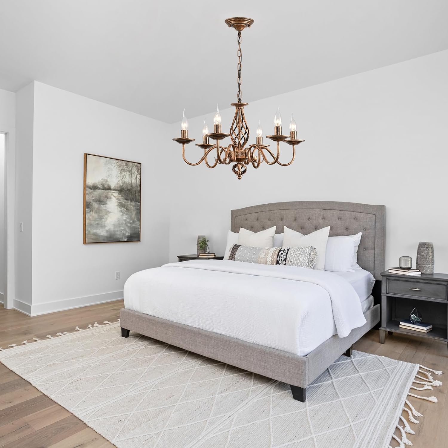 Ganeed French Country Chandeliers, 6 Lights Rustic Vintage Metal Pendant Light Fixture Hanging Light for Farmhouse, Kitchen Island, Dining Room, Living Room, Antique Bronze E12 Base