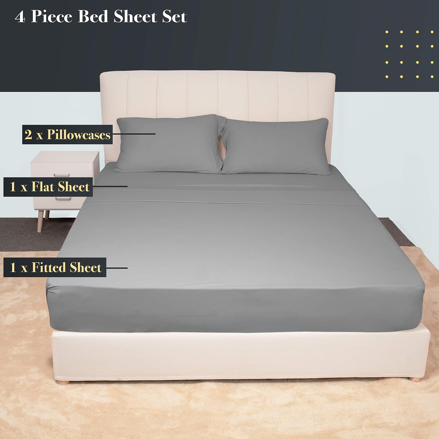 Stretch Sheets Set King Size - Microfiber Jersey Knit & 4 Way Stretchy Bed Sheets to Fit Shallow/Deep Mattress, T-Shirt Like Extra Soft & Wrinkle Resistant - 4 Piece Sets, Light Gray, Cal King/King
