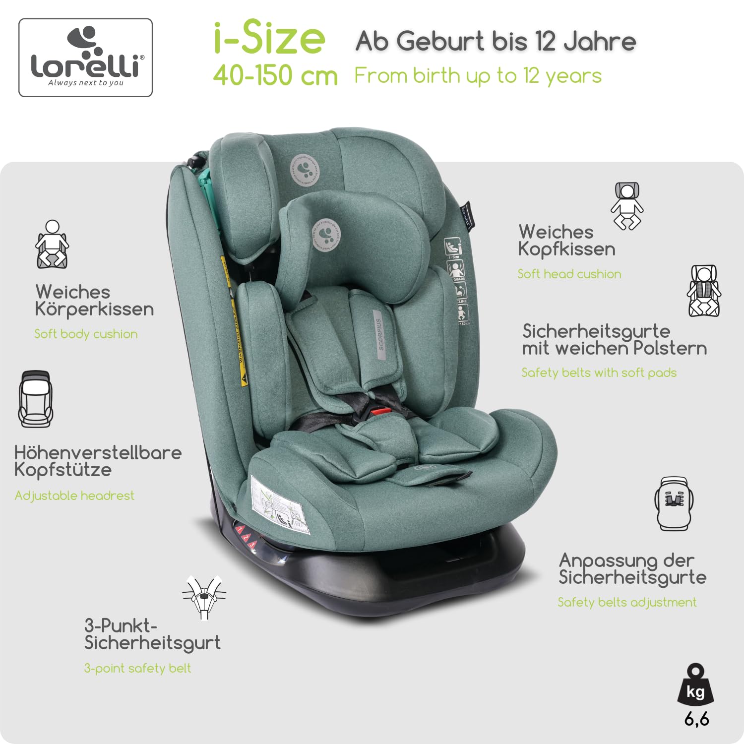 Lorelli Auto Kindersitz Scorpius i-Size, mitwachsender Autositz für Kinder von 40-150 cm, Babysitz, Autokindersitz ab Geburt bis 12 Jahre, Einstellbare Kopfstütze, 5-Punkt-Sicherheitsgurt, grün
