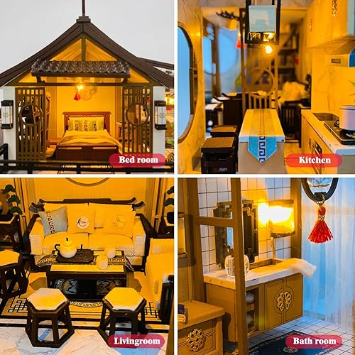 Miniatura 4 de Yuzhen Casa de muñecas en miniatura con muebles y luces LED, gran casa de muñecas de madera de estilo antiguo que incluye cubierta de polvo y