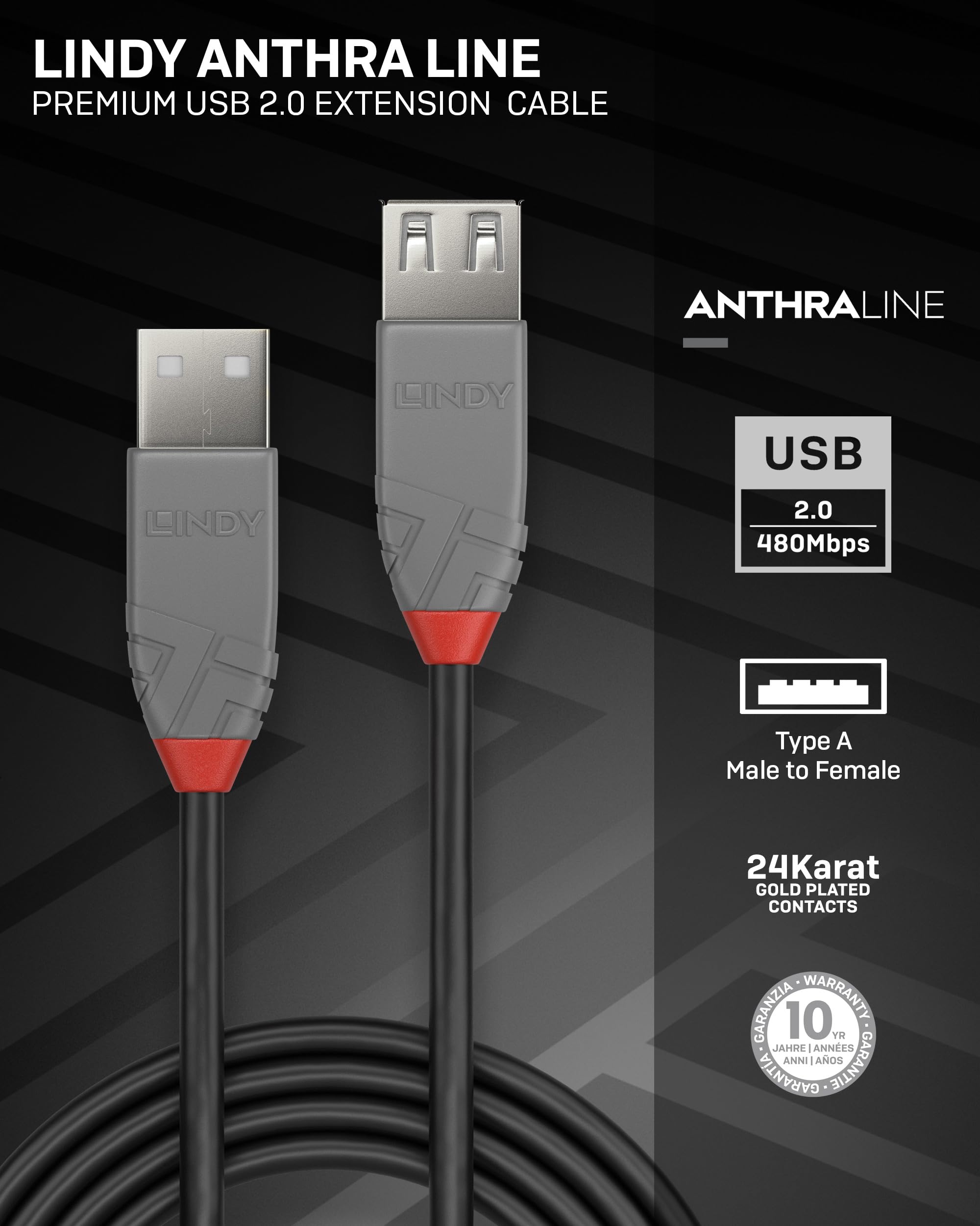 Lindy - Cavo Prolunga USB 2.0 Anthra Line 3 Metri, Connettore USB Tipo A Maschio a Femmina, velocità di Trasferimento Dati Speed Fino a 480Mbps per Tastiera, Stampante, Fotocamera, Hard Disk