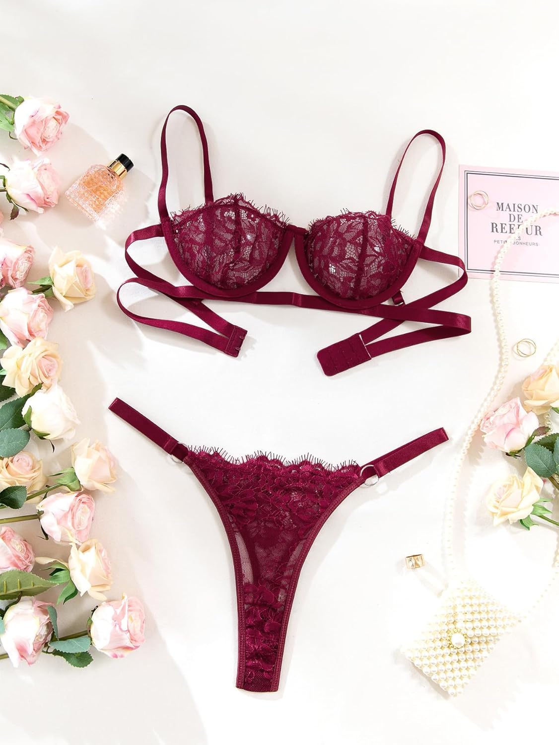 Lilosy Sexy Eyelash Underwire Floral Lace Sheer O Ring Linked Cutout Lingerie Set - Image 7