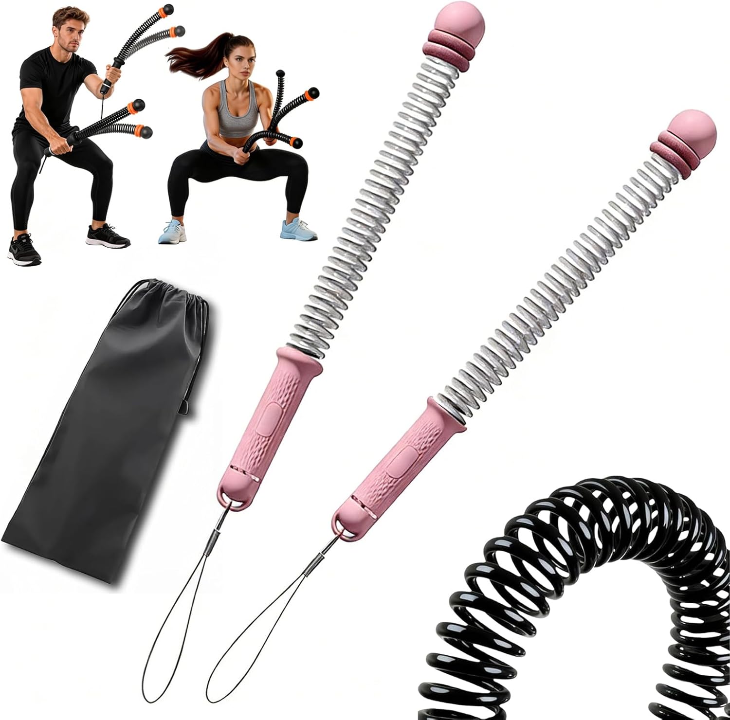 2PC Ropeless Battle Ropes,Portable Cordless Weighted Battle Ropes with Storage Bag, Heavy Duty Cordless Battle Rope for Home Gym HIIT & Cardio Full-Body Workout Tool with Non-Slip Spiral Handles Pink