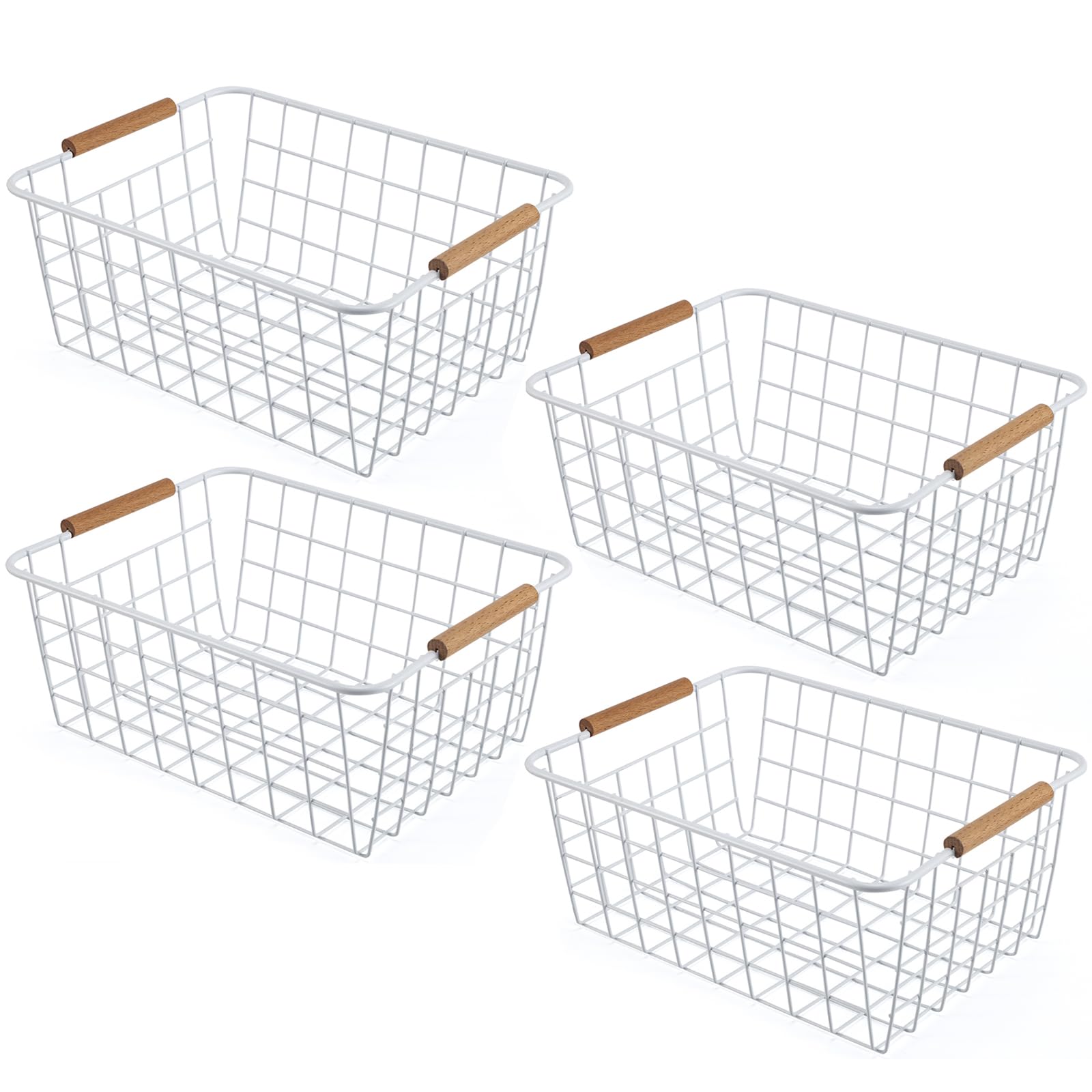 Wire Basket 4 Pcs Metal Wire Storage Basket with Wooden Handles for Pantry