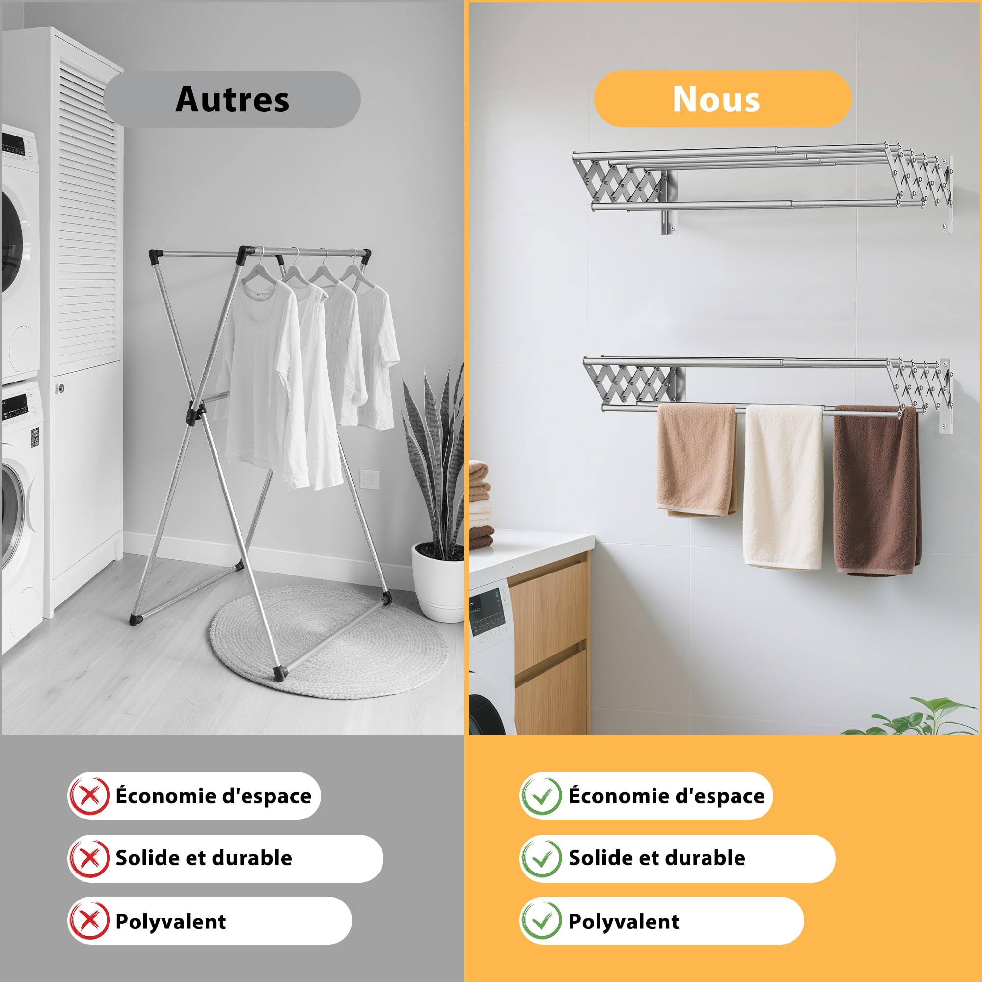 OUUTMEE Étendoir à Linge Mural Pliable, Séchoir à Linge Mural en Acier Inoxydable avec 7 Tiges, Largeur Rétractable: 42-80CM, Porte-Serviettes Suspendu pour Buanderie Salle de Bain, Moyen (Argent)