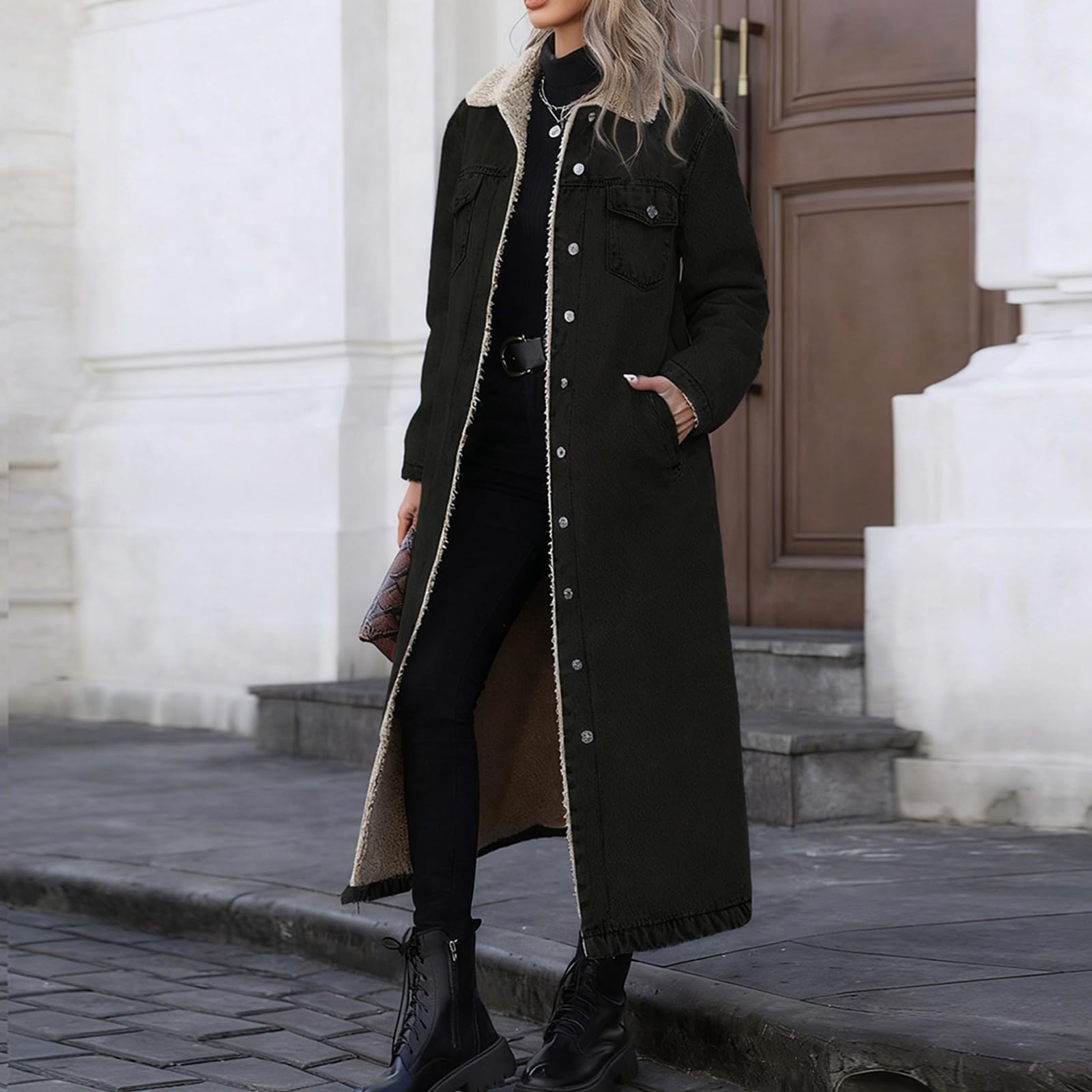 Jeansjacke Damen Lang Winterjacke Gefüttert Fleecejacke Ohne Kapuze | Wintermantel Damen Lang Warm Gefüttert Jeansjacke Fleece Jacke Frauen Mit Knöpfen Mantel Jeans Übergangsjacke Mit Taschen
