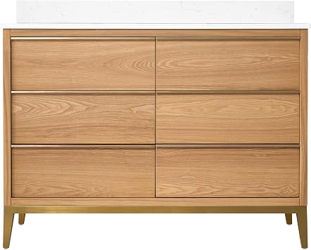 WELLFOR 48" Bathroom Vanity with Sink, Freestanding Wooden Bathroom Makeup Cabinet W/ 6 Soft-Close Drawers and Backsplash, Solid Wood Frame Bathroom Vanity, Light Oak