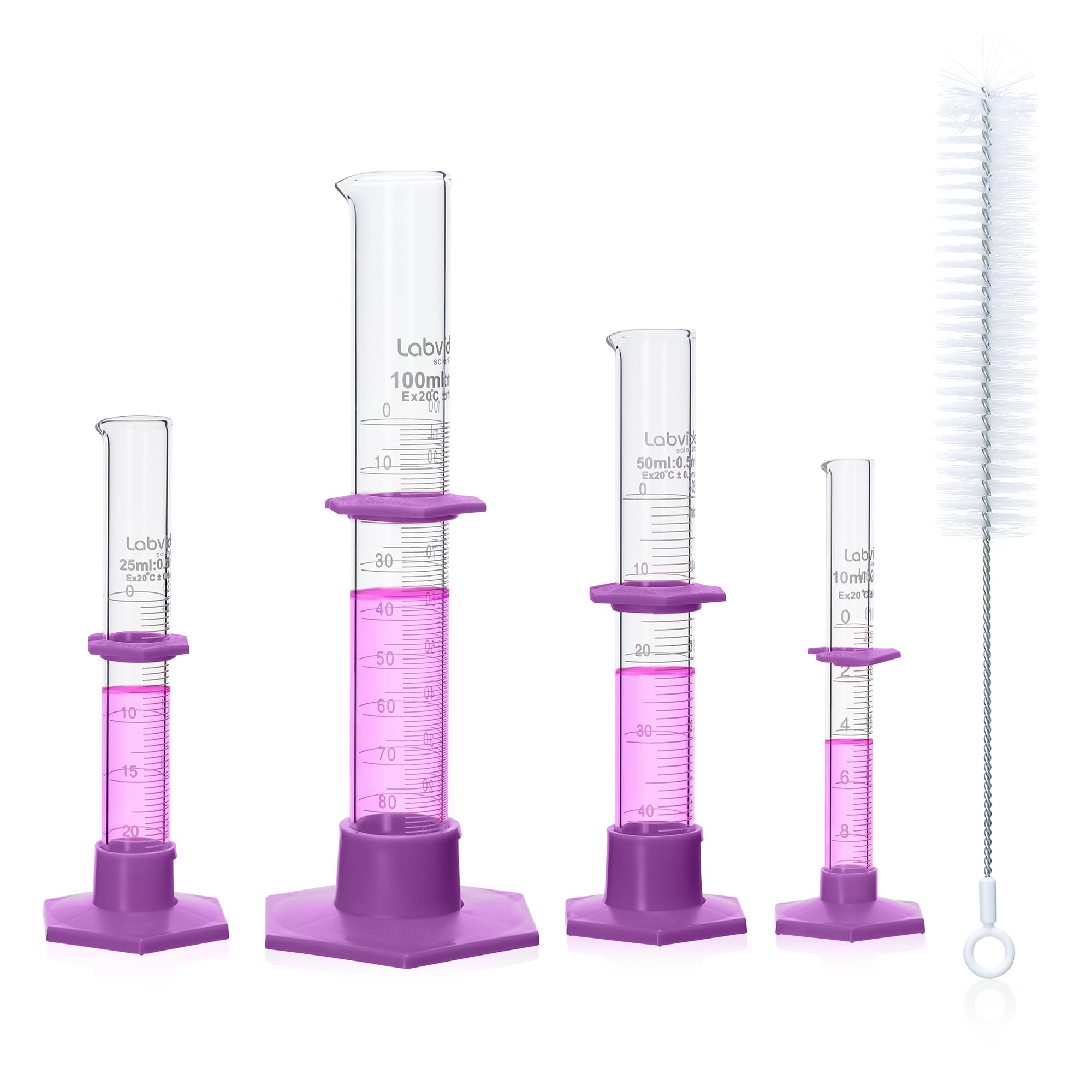 Juego de cilindros medidores, vidrio de borosilicato con base hexagonal de plástico y cepillo, clase B, vol.10, 25, 50 ml, 100 ml (4 cilindros) LVE002