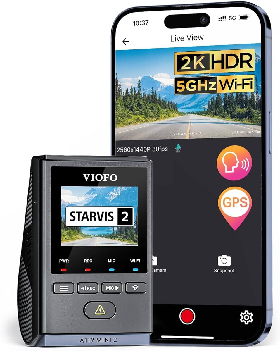 VIOFO Dash Cam Front A119 Mini 2, STARVIS 2 Sensor, 2K 60fps/HDR 30fps Voice Control Car Dash Camera with 5GHz Wi-Fi GPS, Night Vision 2.0, 24H Parking Mode, Supercapacitor, Support 512GB Max